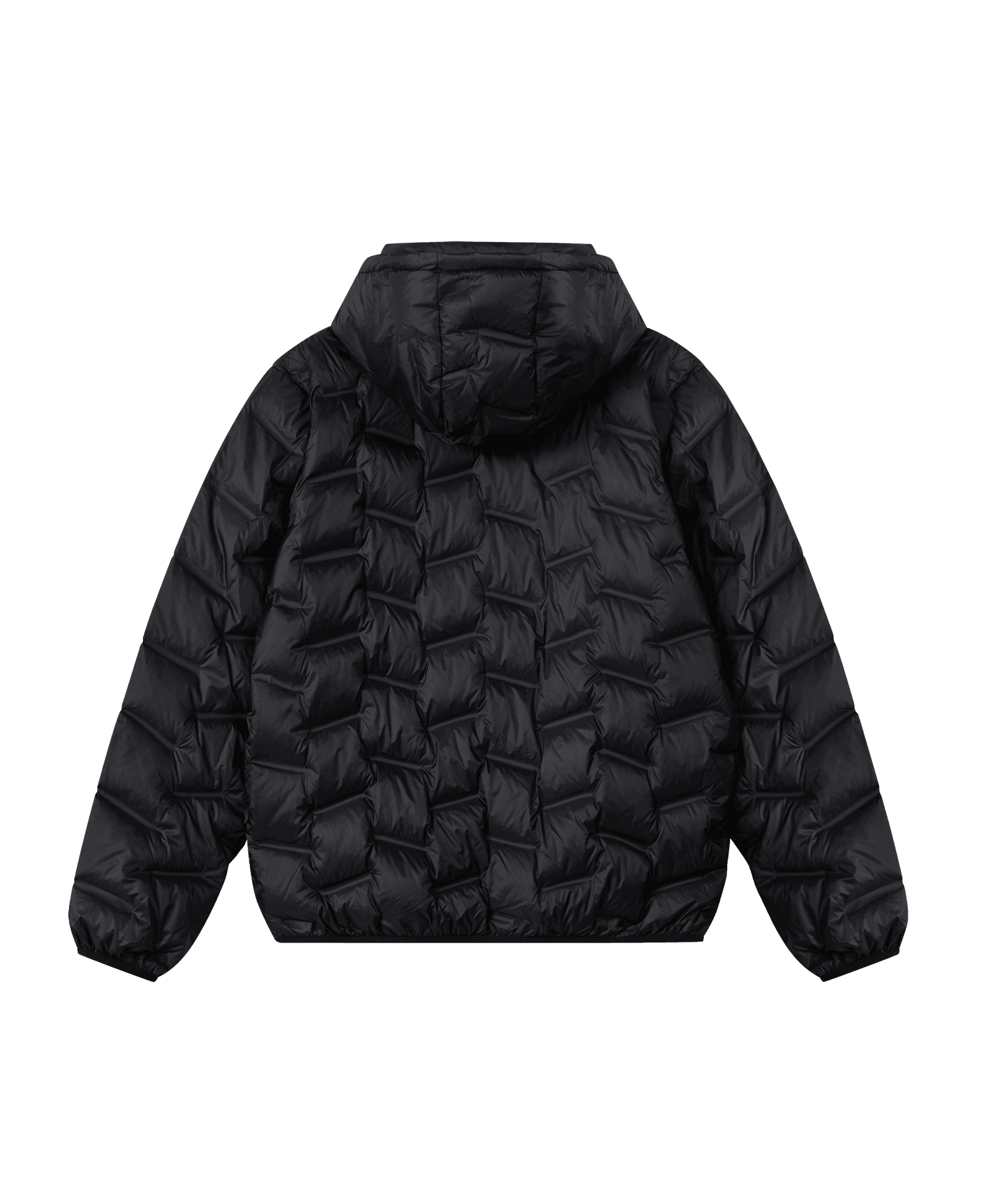 Rückansicht Nays Lightweight Down Jacket in schwarz, mit Kapuze und YKK Reißverschlüssen, ideal als isolierende Schicht oder eigenständig für kalte Tage.