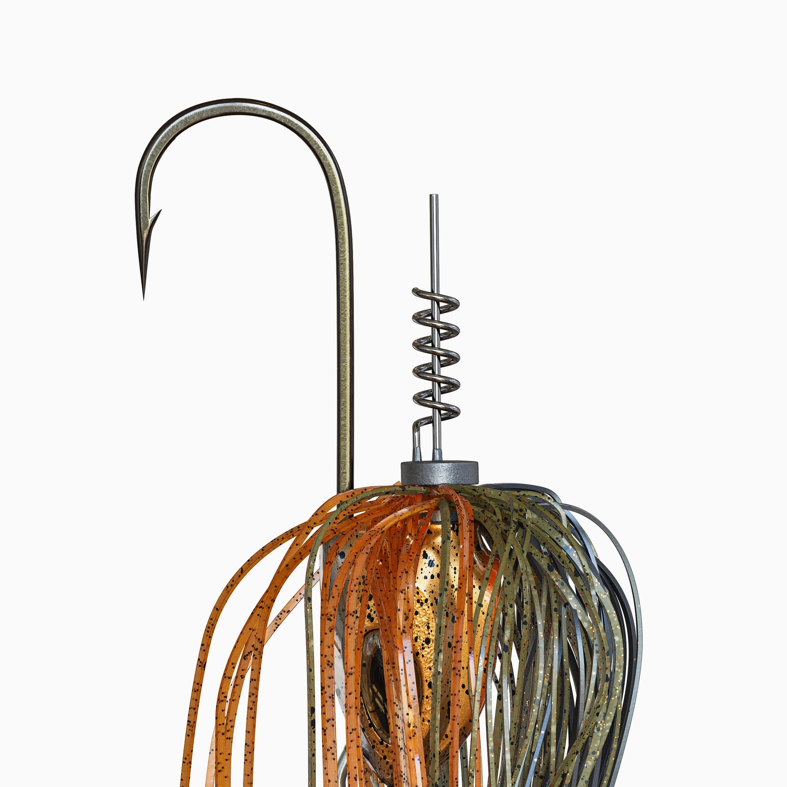 Das Bild zeigt die Details des Bladed Jig. Ein scharfer BKK Einzelhaken und vom Jig Kopf abgehend eine Spirale, auf die ein Trailer geschraubt wird.