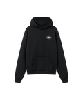 Ein schwarzer Kapuzen-Pullover mit einem dezenten, weißen Print auf der linken Brust, der an einen Globus erinnert.