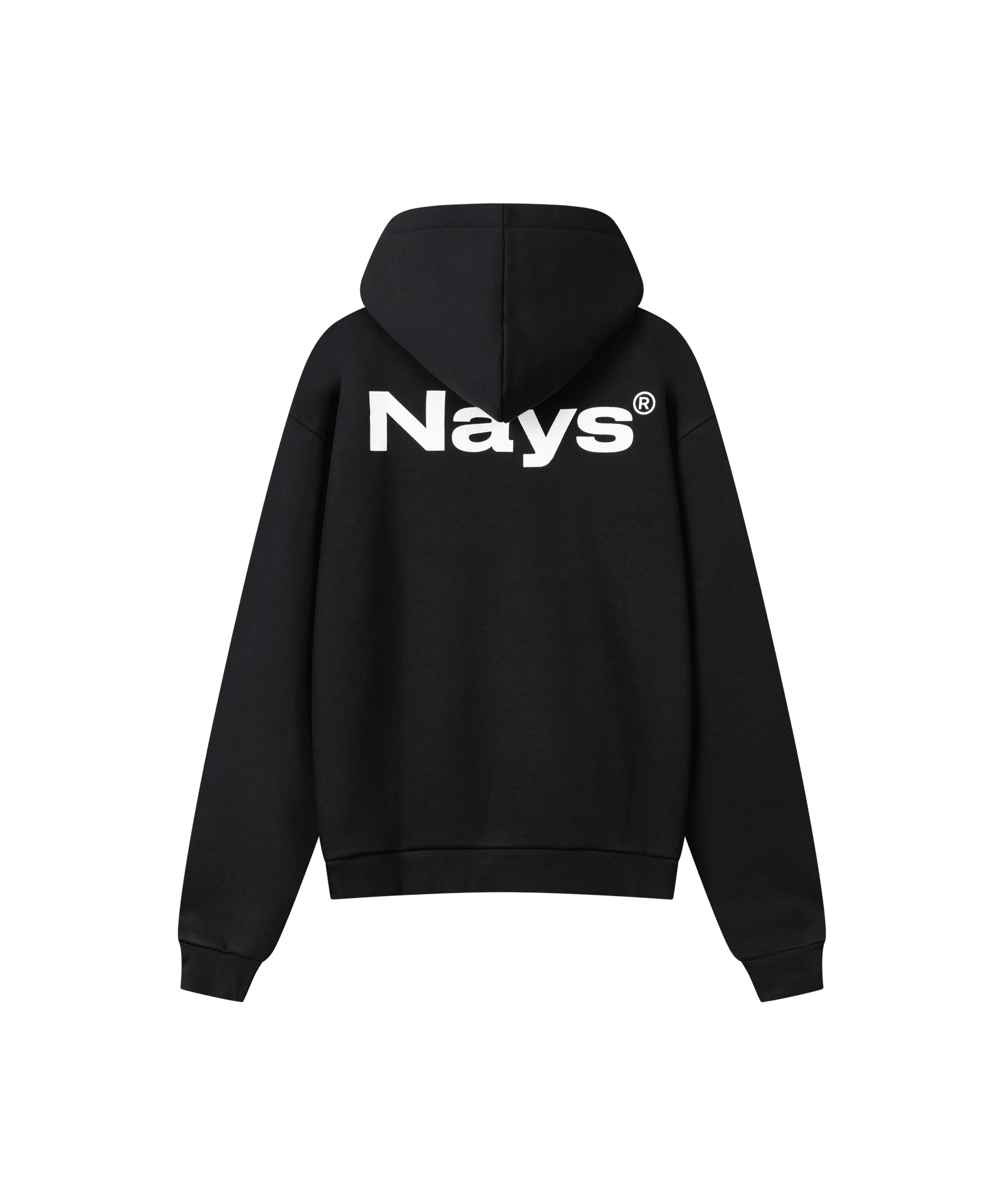 Ein schwarzer Kapuzen-Pullover mit großem weißen Logo-Schriftzug auf dem Rücken.