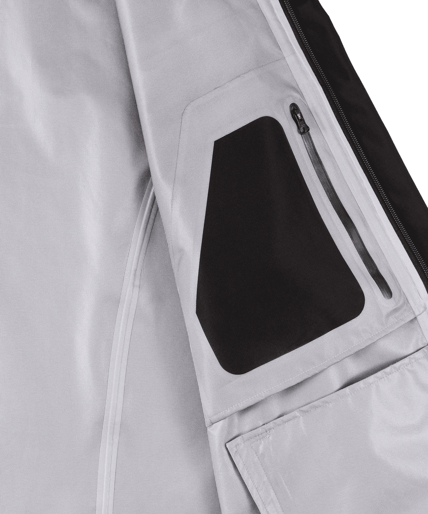 Nays 3L Multifunctional Rain Jacket, Nahaufnahme eines Reißverschlusses, zeigt wetterfeste Details wie YKK AquaGuard® Reißverschlüsse für Schutz bei Regenabenteuern.