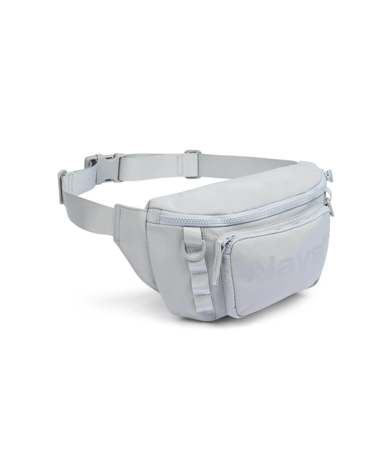 Seitenansicht Hellgraue Nays Bauchtasche mit großer Fronttasche, D-Ringen und auffälligem Logo-Print.