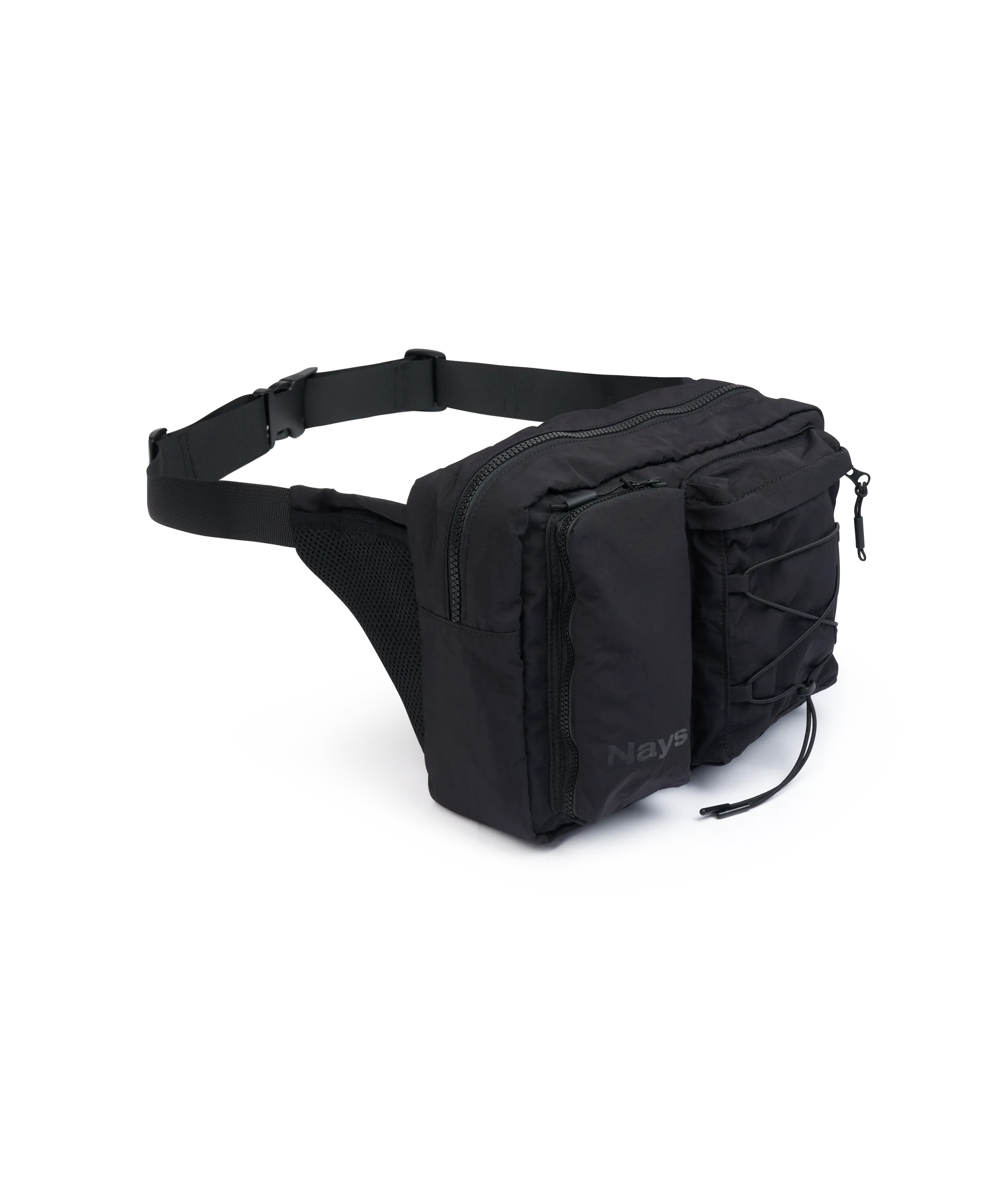 Seitenansicht Schwarze Nays Bauchtasche (Hip Bag) mit funktionalen Außentaschen, Kordelzug-System und dezentem Logo-Prägung.