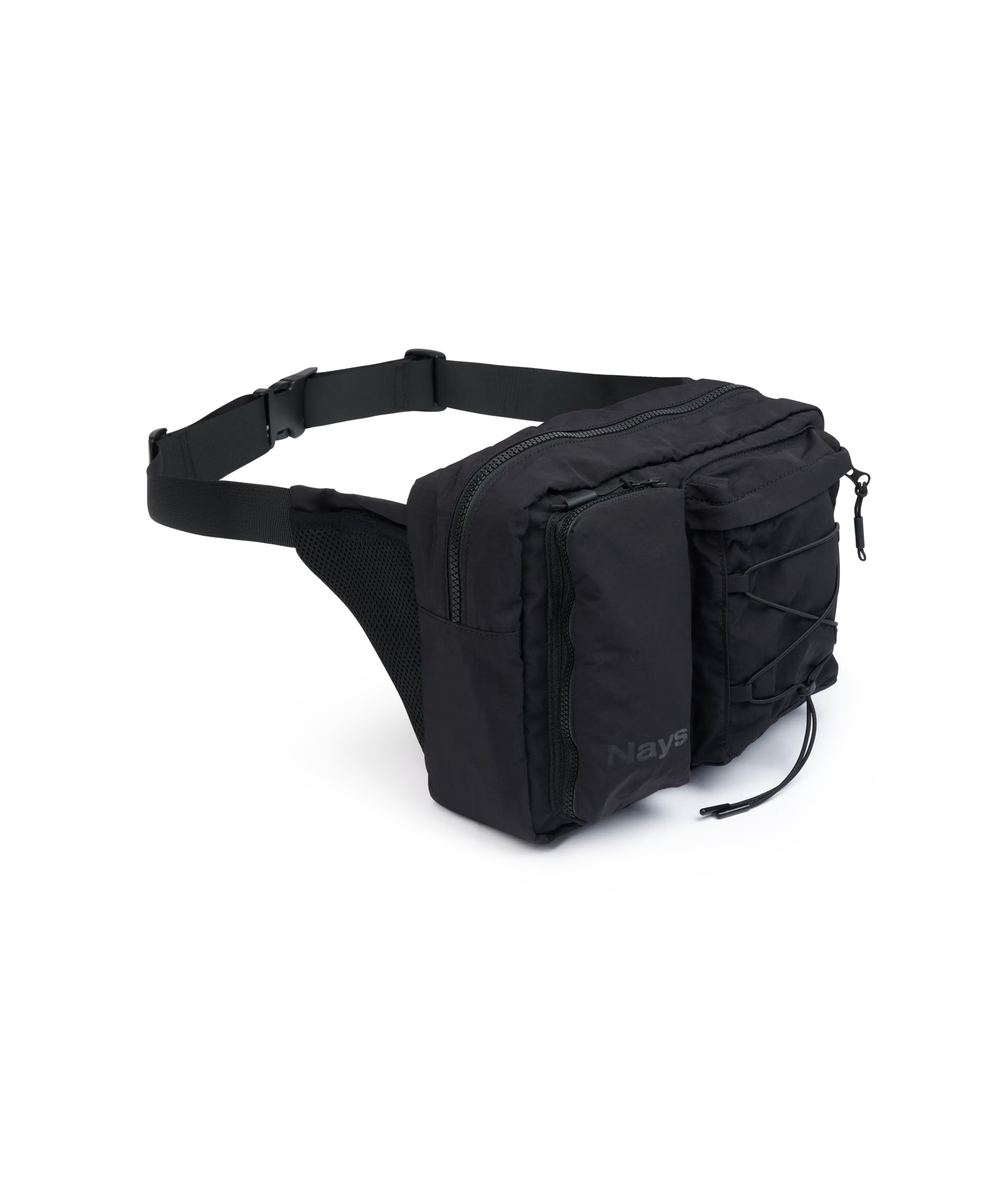 Seitenansicht Schwarze Nays Bauchtasche (Hip Bag) mit funktionalen Außentaschen, Kordelzug-System und dezentem Logo-Prägung.