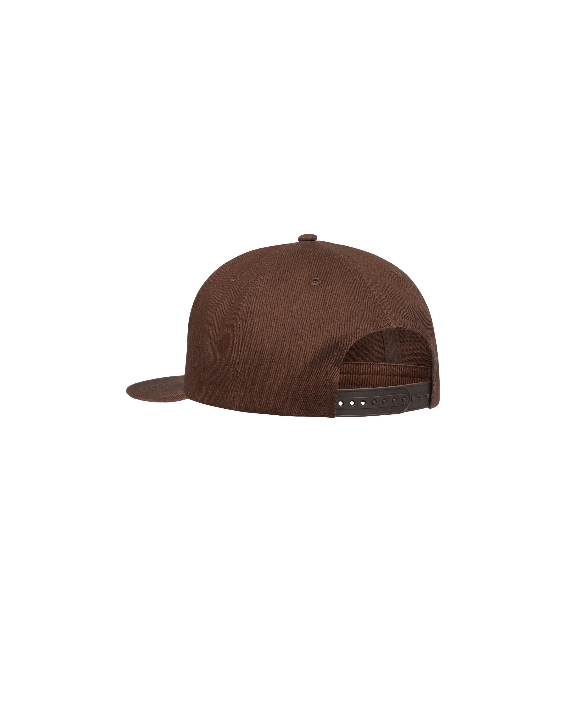 Braune Schirmmütze in Rückansicht mit tonal abgestimmtem, größenverstellbarem Kunststoffriemen.