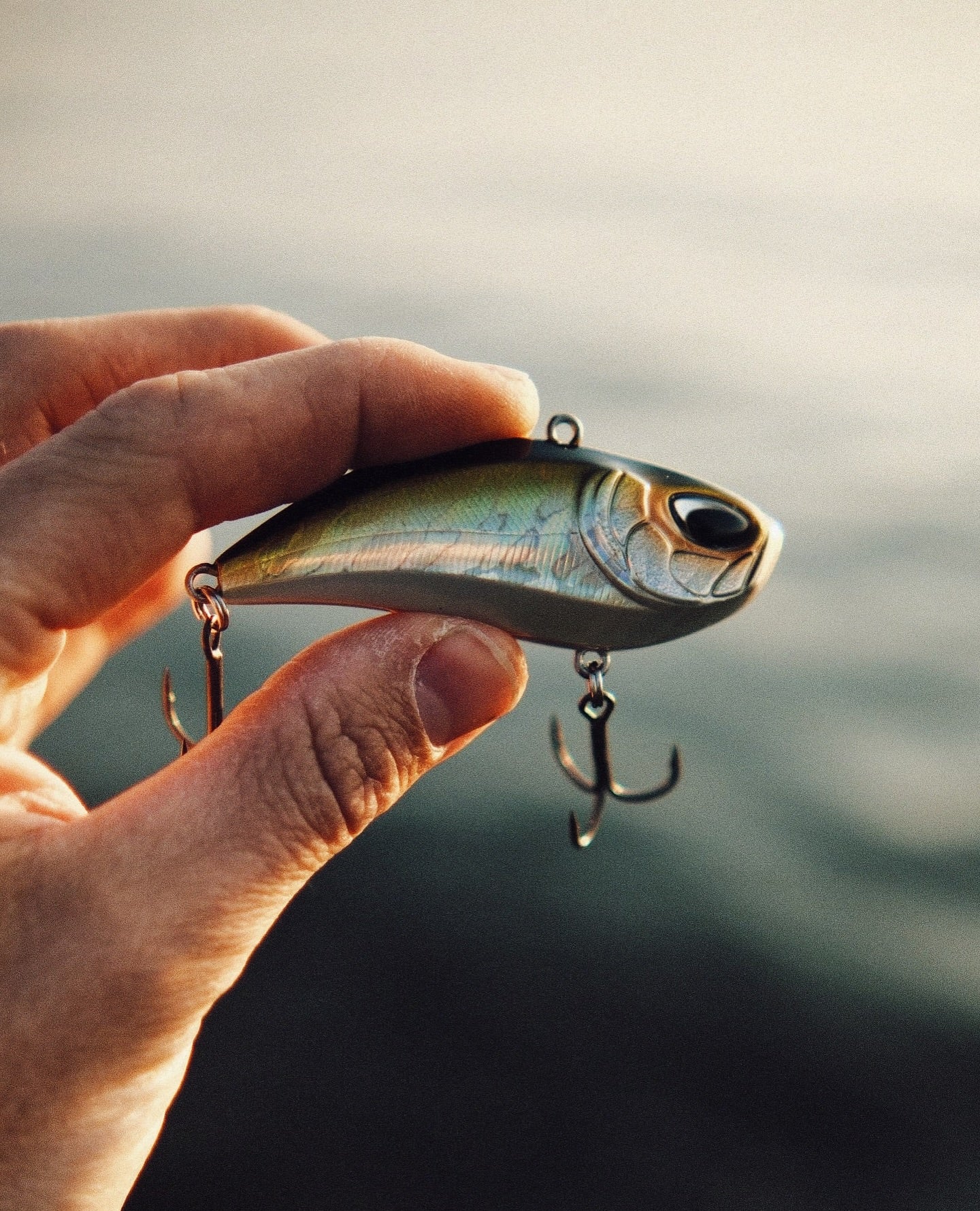 Hardbait Crankbait ohne Tauchschaufel im natürlichen Beutefisch-Dekor mit zwei Drillings-Haken zwischen den Fingern gehalten.