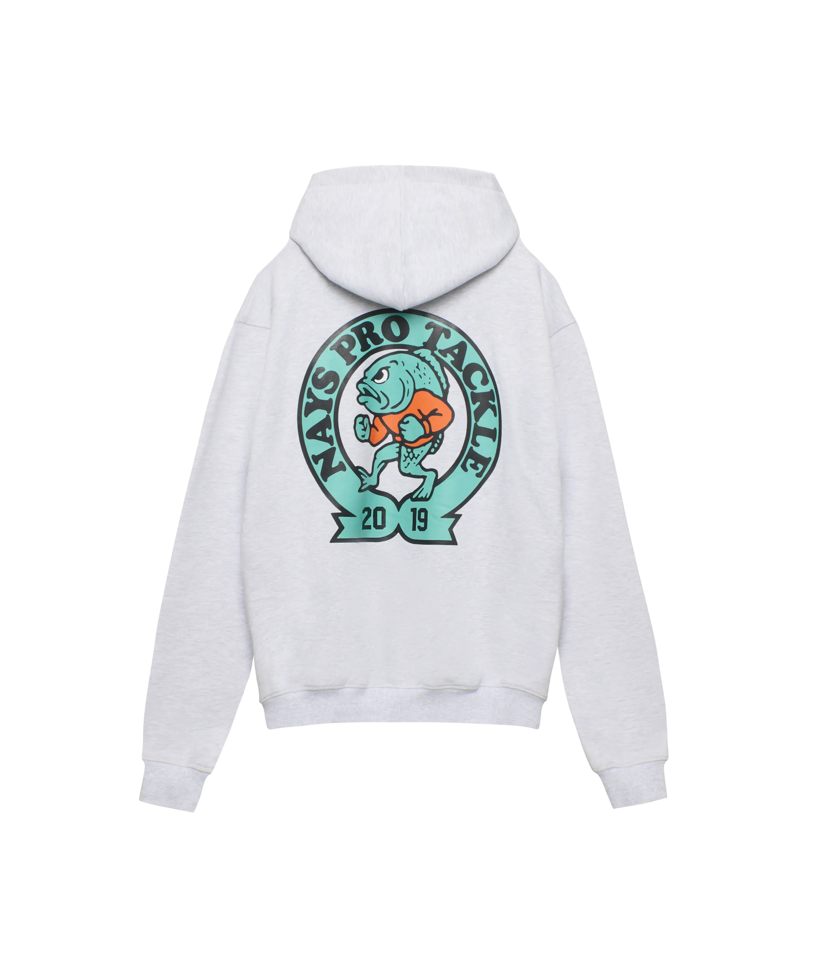 Rückansicht Nays Pro Tackle Hoodie Hellgrau mit großem türkisfarbenem Logo-Print.