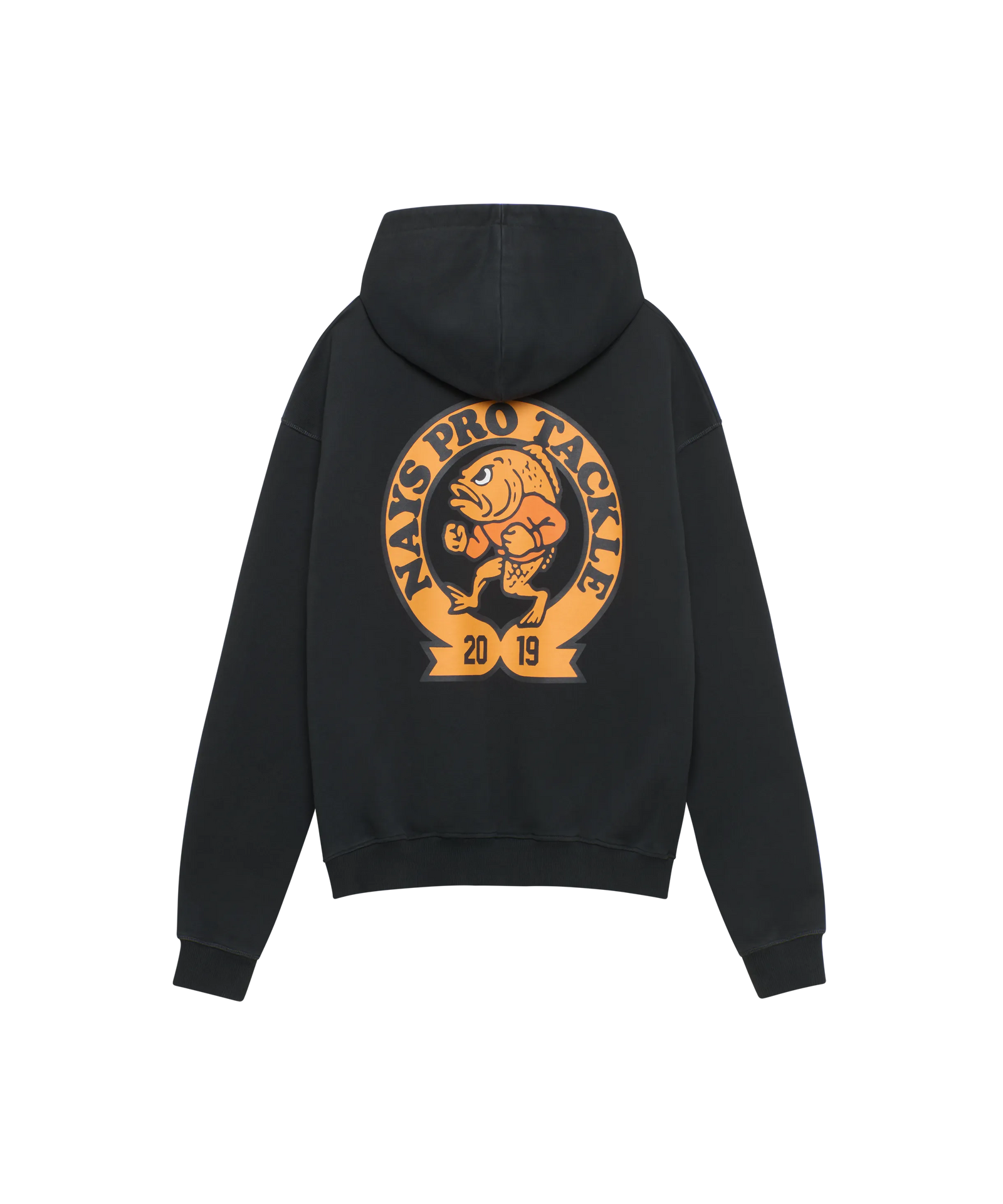 Schwarzer Nays Pro Tackle Hoodie Rückseite mit großem orangem Logo-Backprint.