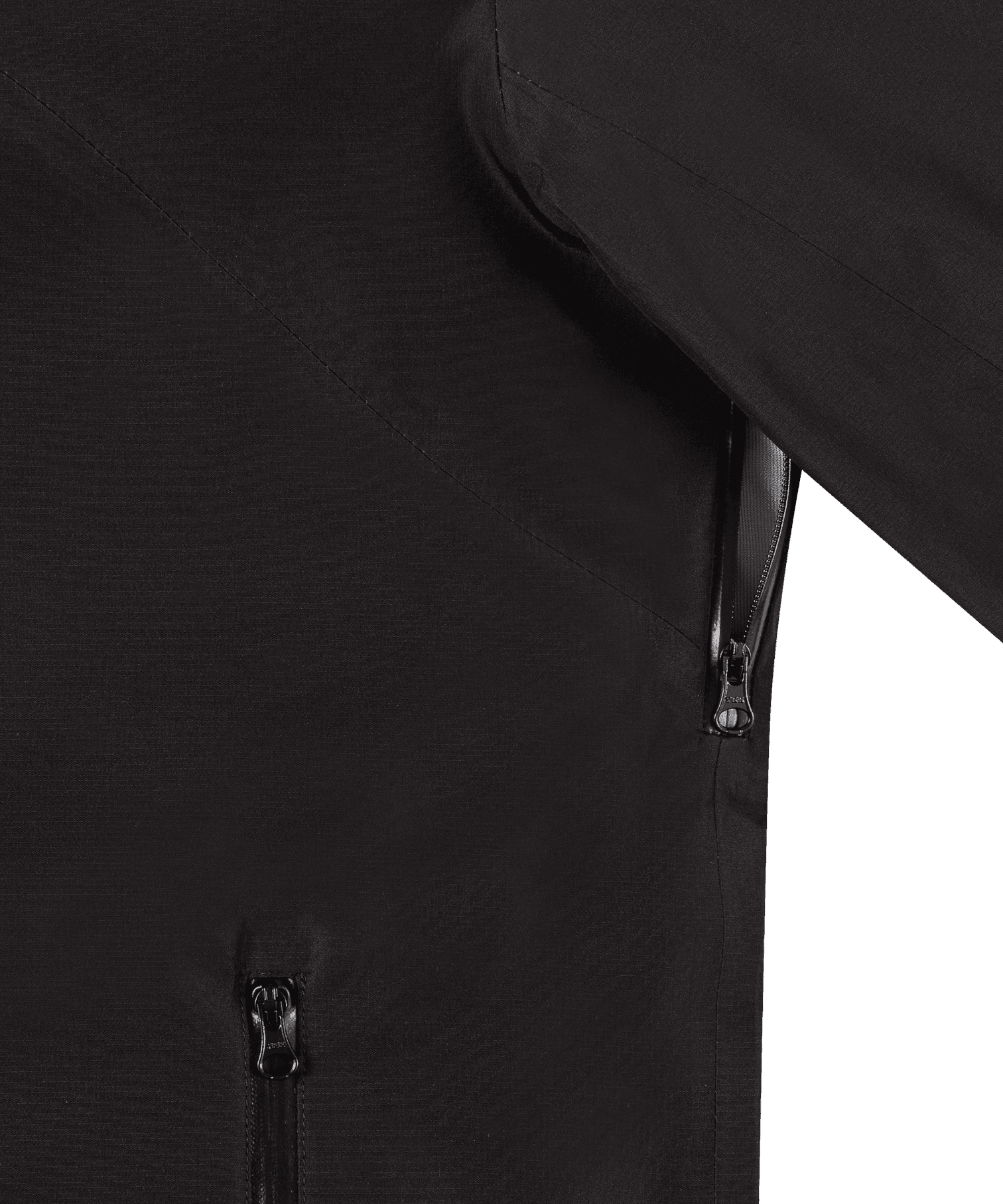 Nahaufnahme der Nays 3L Multifunctional Rain Jacket mit YKK AquaGuard® Reißverschlüssen, verstellbarer Kapuze und Belüftungsreißverschlüssen, ideal für Outdoor-Abenteuer bei starkem Regen.