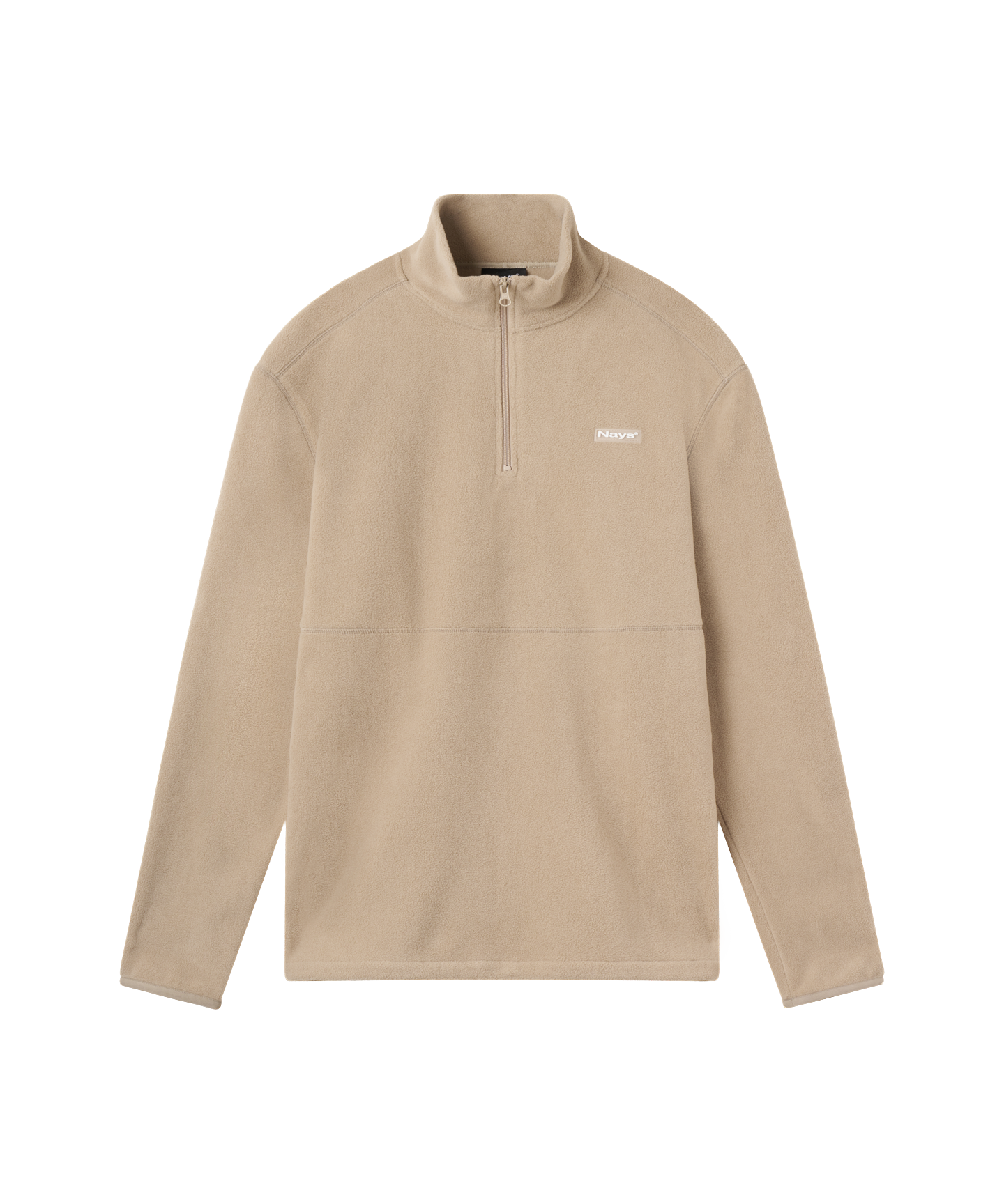 Frontansicht beige farbige Fleece Jacke mit Stehkragen von Nays, Reißverschluss am Hals und kleinem Logo auf der linken Brust.