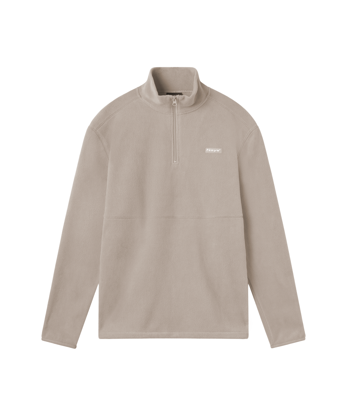 Frontansicht beige farbige Fleece Jacke mit Stehkragen von Nays, Reißverschluss am Hals und kleinem Logo auf der linken Brust.