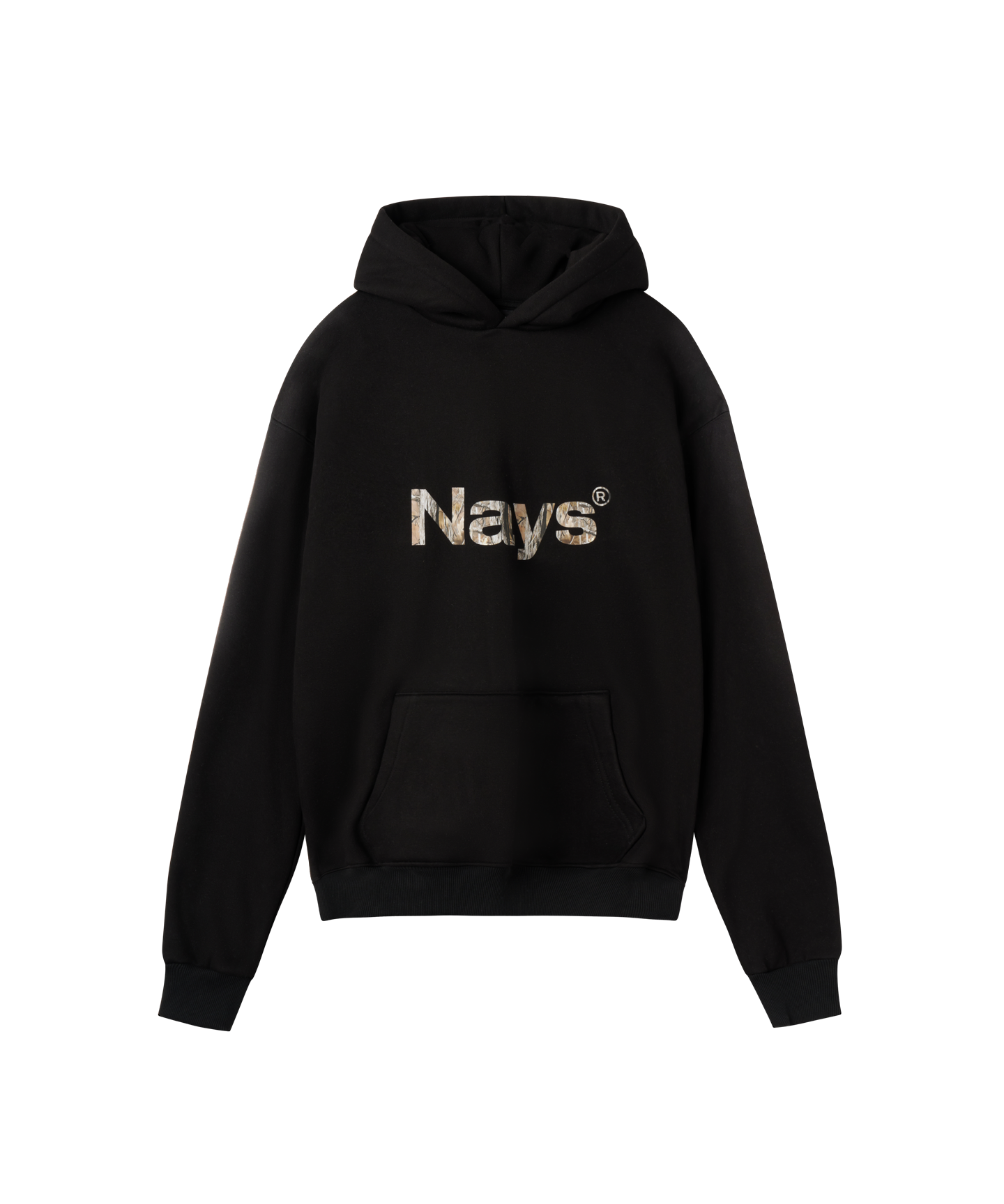 Frontansicht schwarzes Sweatshirt mit Kapuze von Nays mit Logo in camouflage.