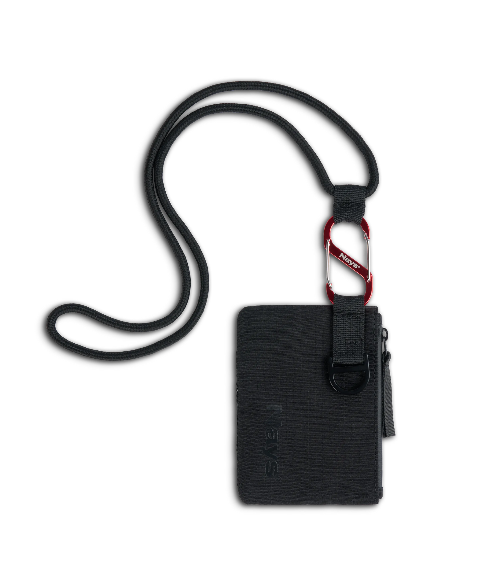 Schwarzes Nays Wallet mit Umhängekordel und rotem S-Karabiner zur Befestigung.