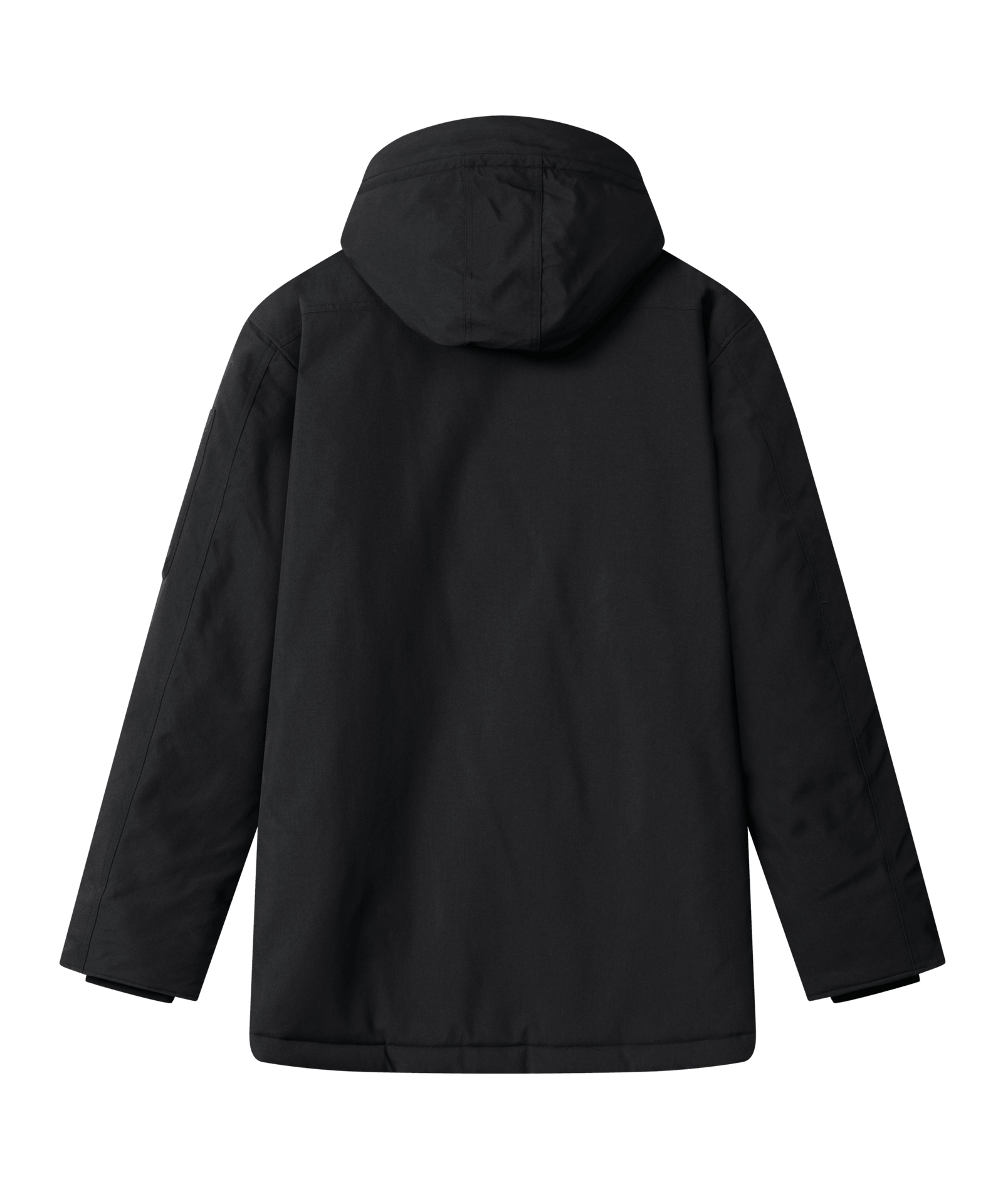 Rückenansicht einer schwarzen, schlichten Parka Jacke von Nays mit Kapuze, ohne sichtbare Logos oder Verzierungen.