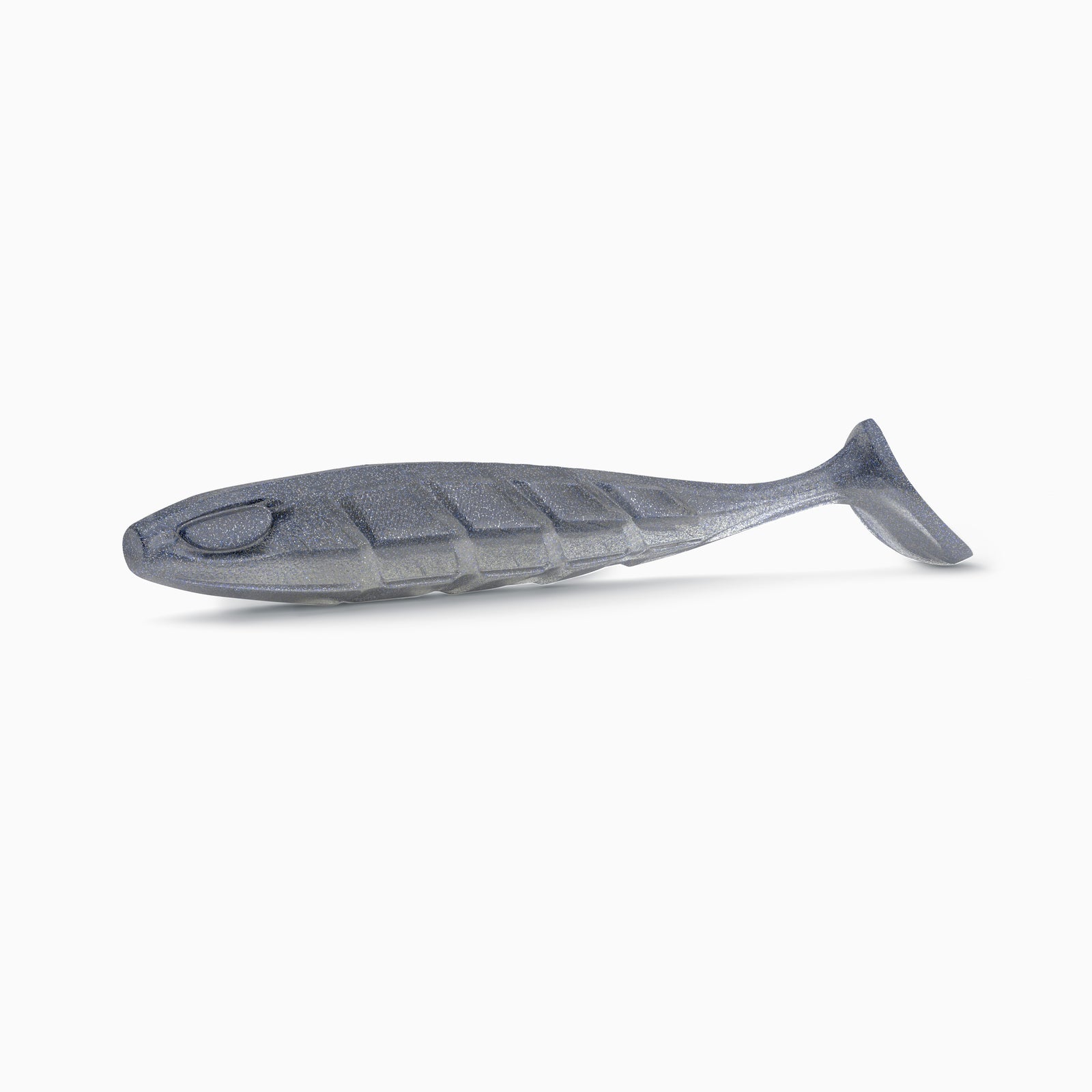 Realistischer Gummifisch Angelköder in grau-silber mit Glitzer für Hecht, Zander und Barsch.