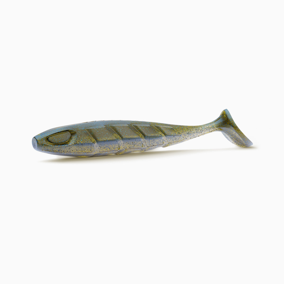 Realistischer Gummifisch Angelköder in Oliv-Grau mit Glitzer für Hecht, Zander und Barsch.
