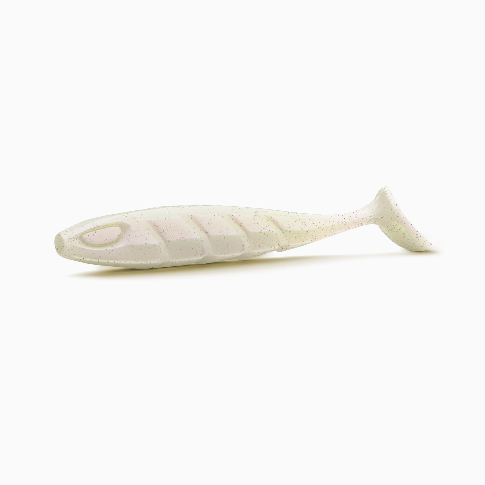 Realistischer Gummifisch Angelköder in perlmutt-weiß mit Glitzer für Hecht, Zander und Barsch.