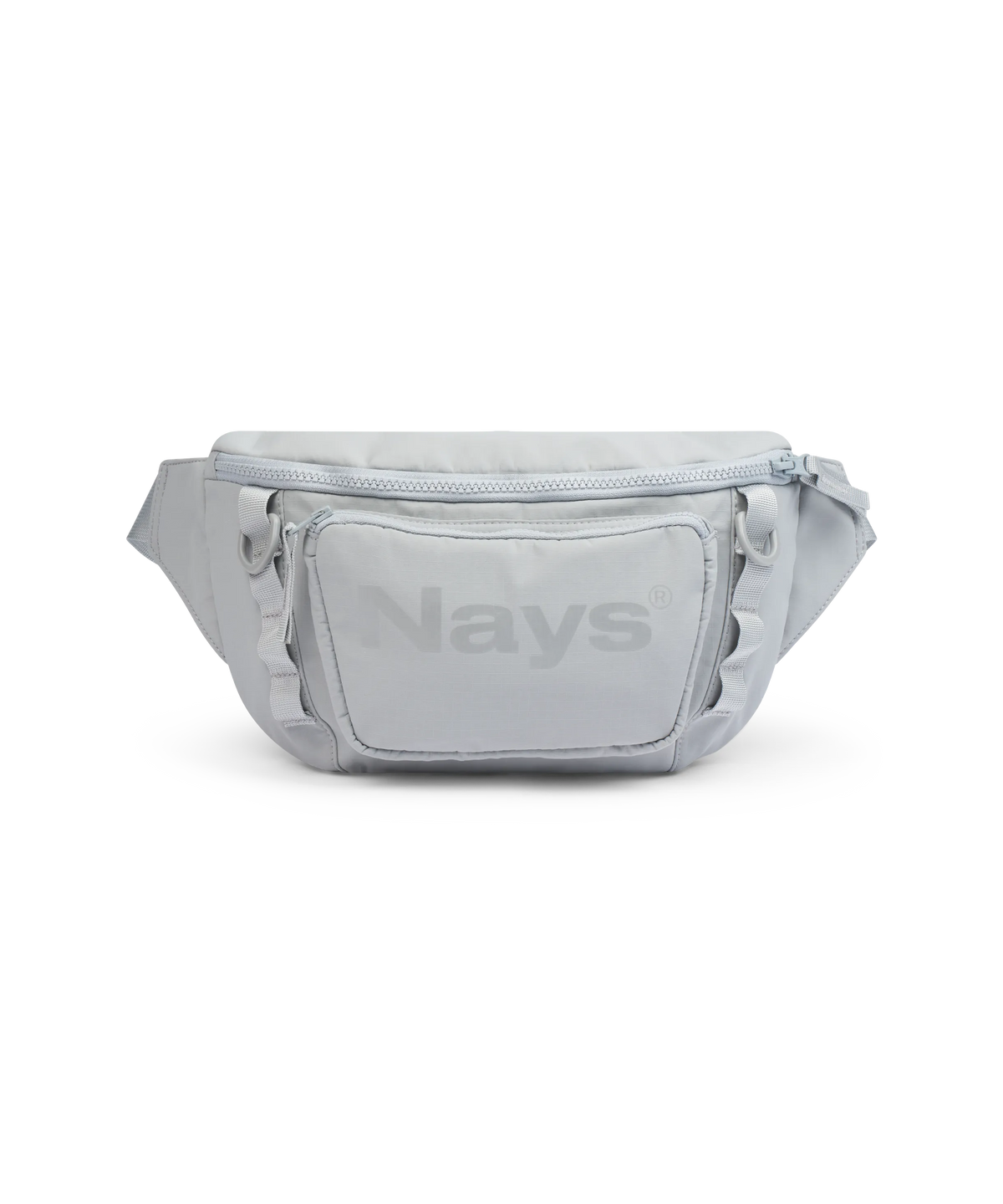Hellgraue Nays Bauchtasche mit großer Fronttasche, D-Ringen und auffälligem Logo-Print.