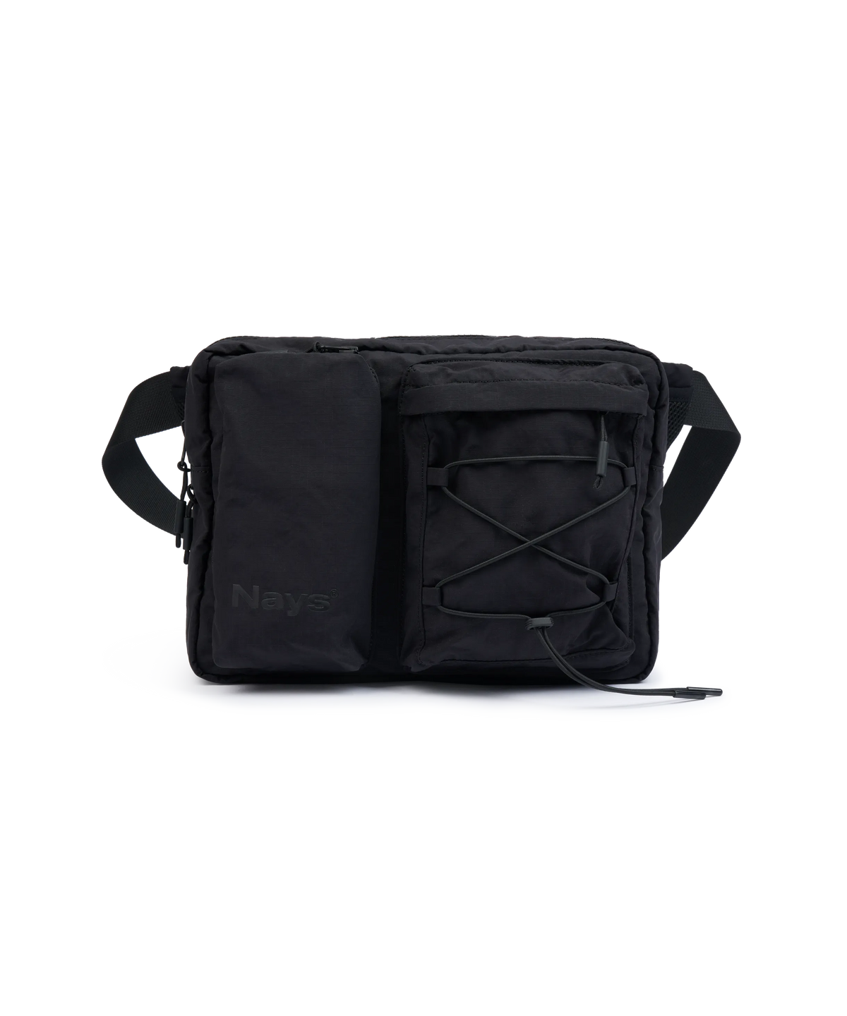 Schwarze Nays Bauchtasche (Hip Bag) mit funktionalen Außentaschen, Kordelzug-System und dezentem Logo-Prägung.