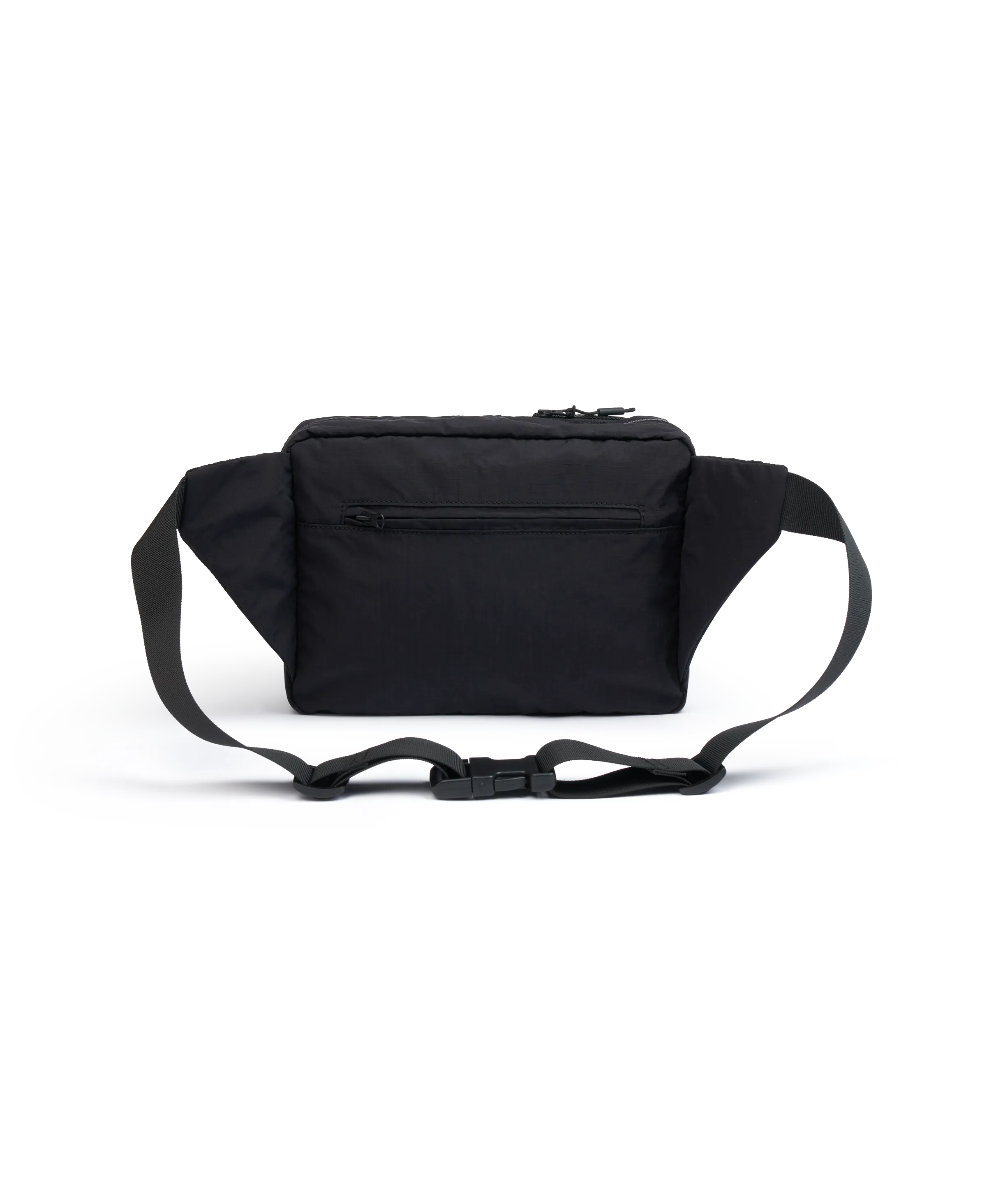 Rückansicht Schwarze Nays Bauchtasche (Hip Bag) mit funktionalen Außentaschen, Kordelzug-System und dezentem Logo-Prägung.