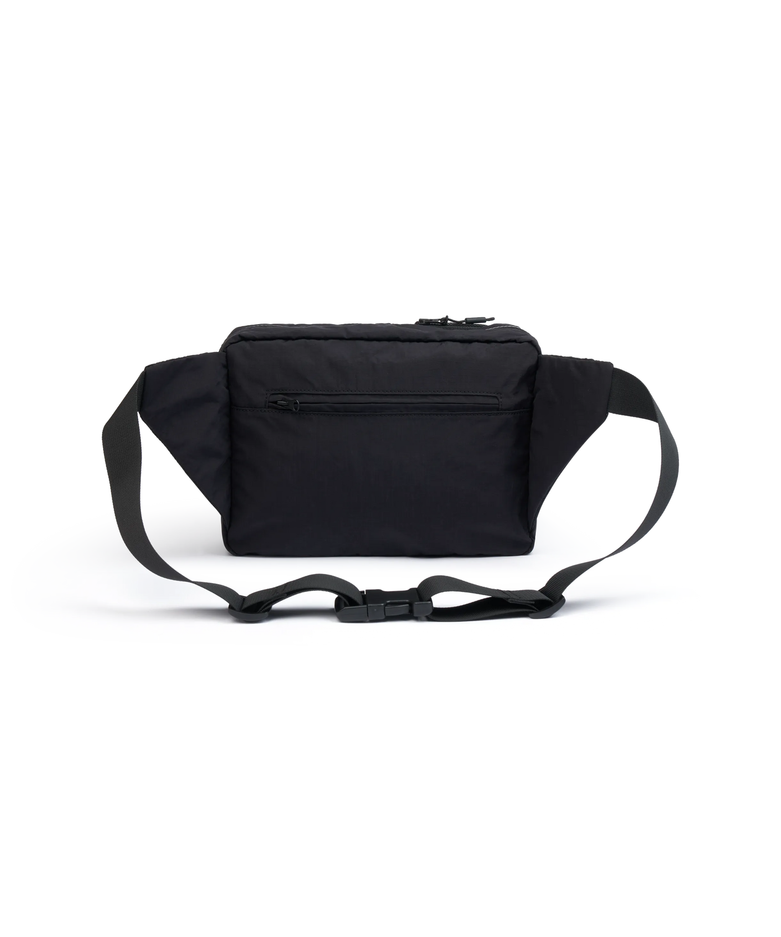 Rückansicht Schwarze Nays Bauchtasche (Hip Bag) mit funktionalen Außentaschen, Kordelzug-System und dezentem Logo-Prägung.