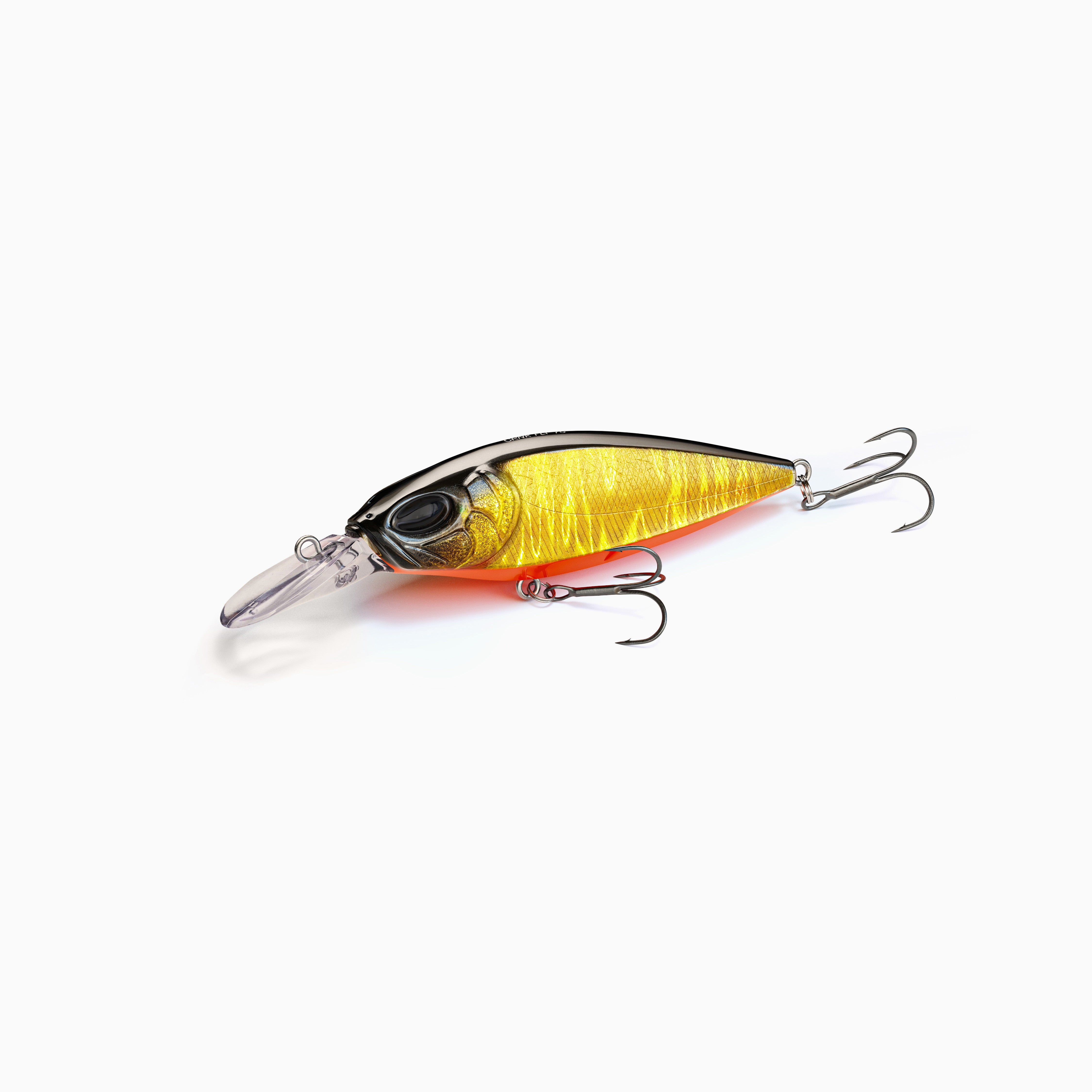 Leuchtender Crankbait Wobbler in Gold mit einem glitzernden Finish und orangefarbenem Bauch. Ein fängiger Kunstköder, der Raubfische wie Hecht, Barsch und Zander mit starkem Blinkeffekt anlockt.