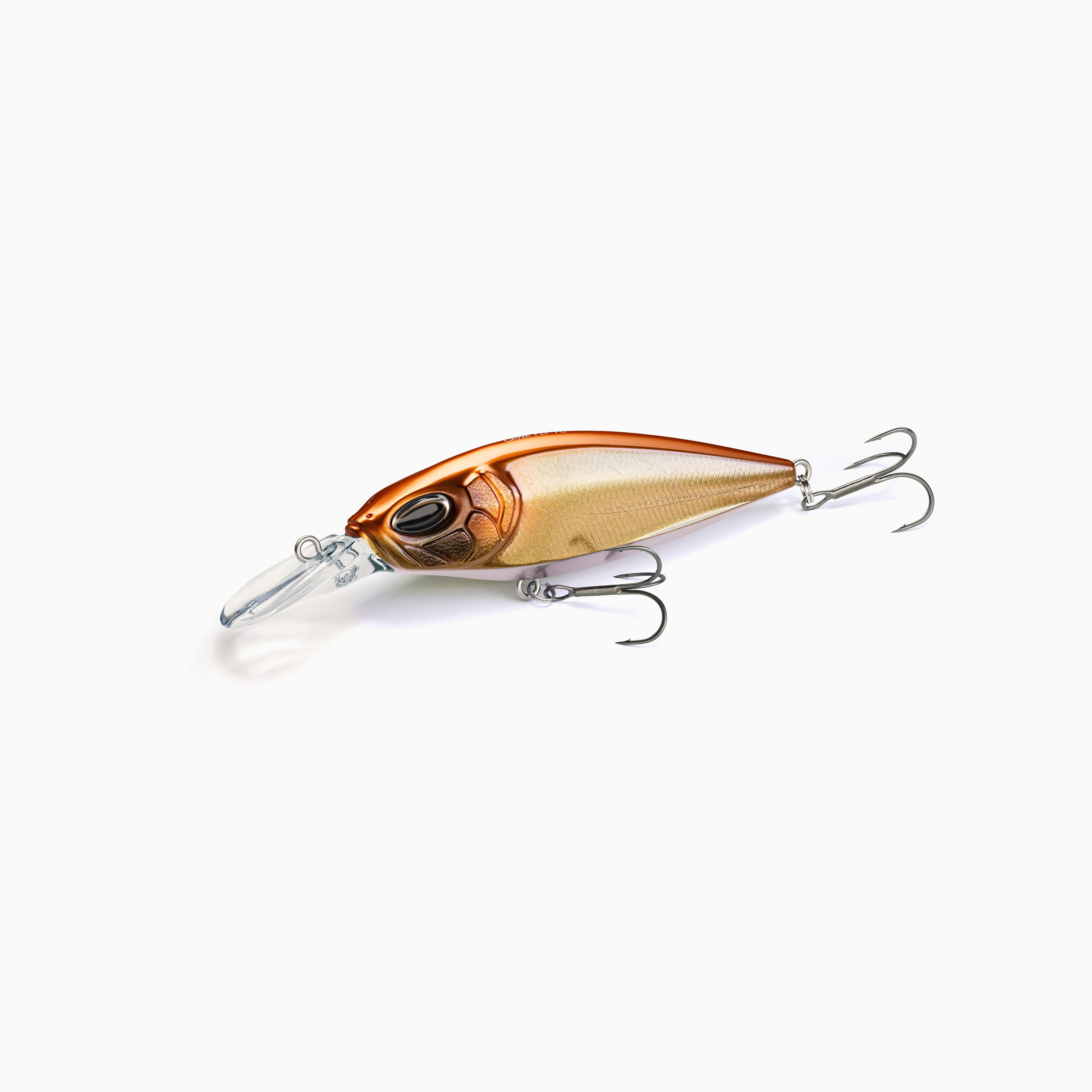 Glitzernder Crankbait Wobbler in Kupfer und Gold. Dieser auffällige Kunstköder ist ein effektiver twitchbait für Hecht und Zander, der auch in trübem Wasser gut sichtbar ist.