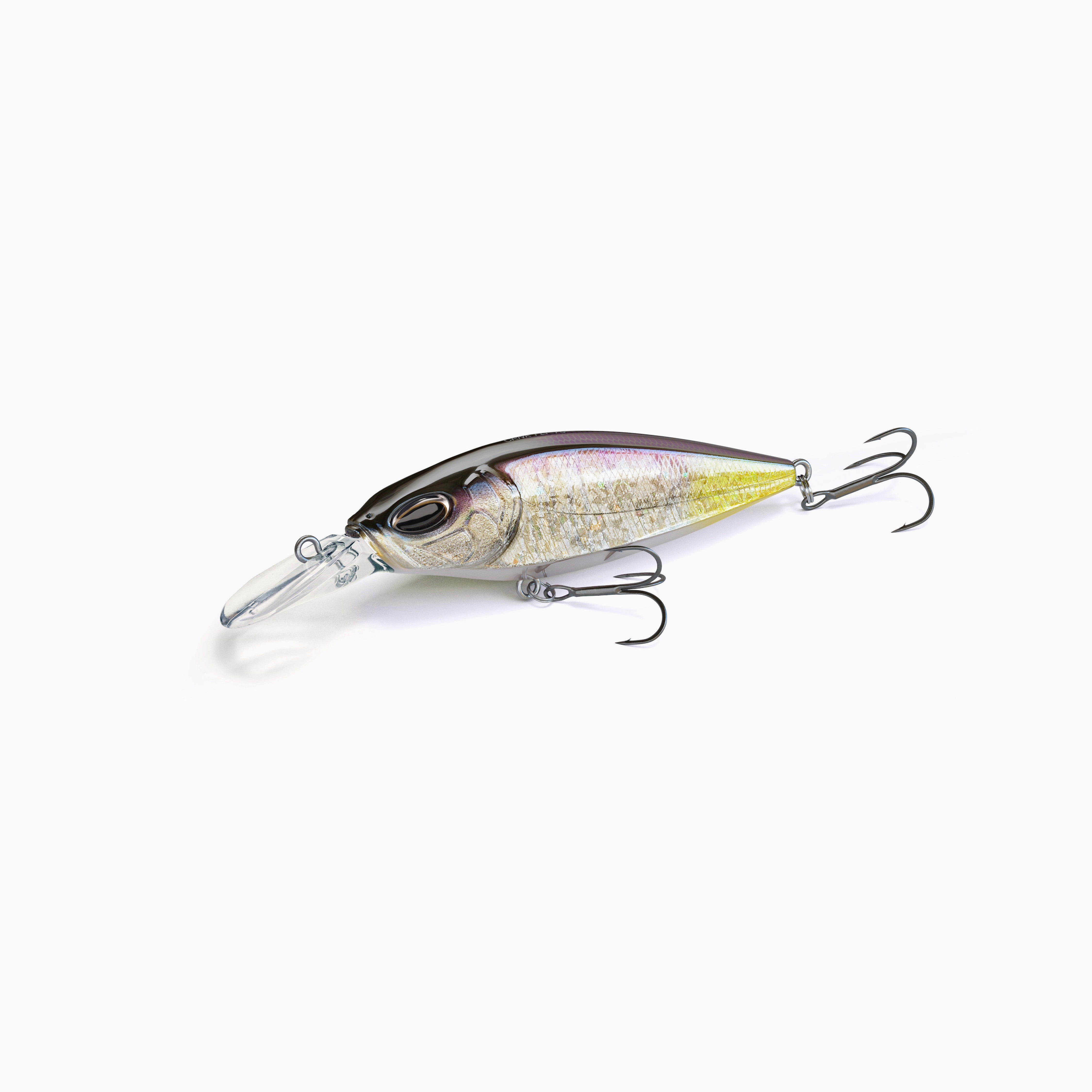 Crankbait Wobbler in naturgetreuer Fisch-Optik, ideal für Barsch, Hecht und Zander. Der Kunstköder hat ein realistisches silber-schwarzes Design mit gelbem Akzent am Schwanz.