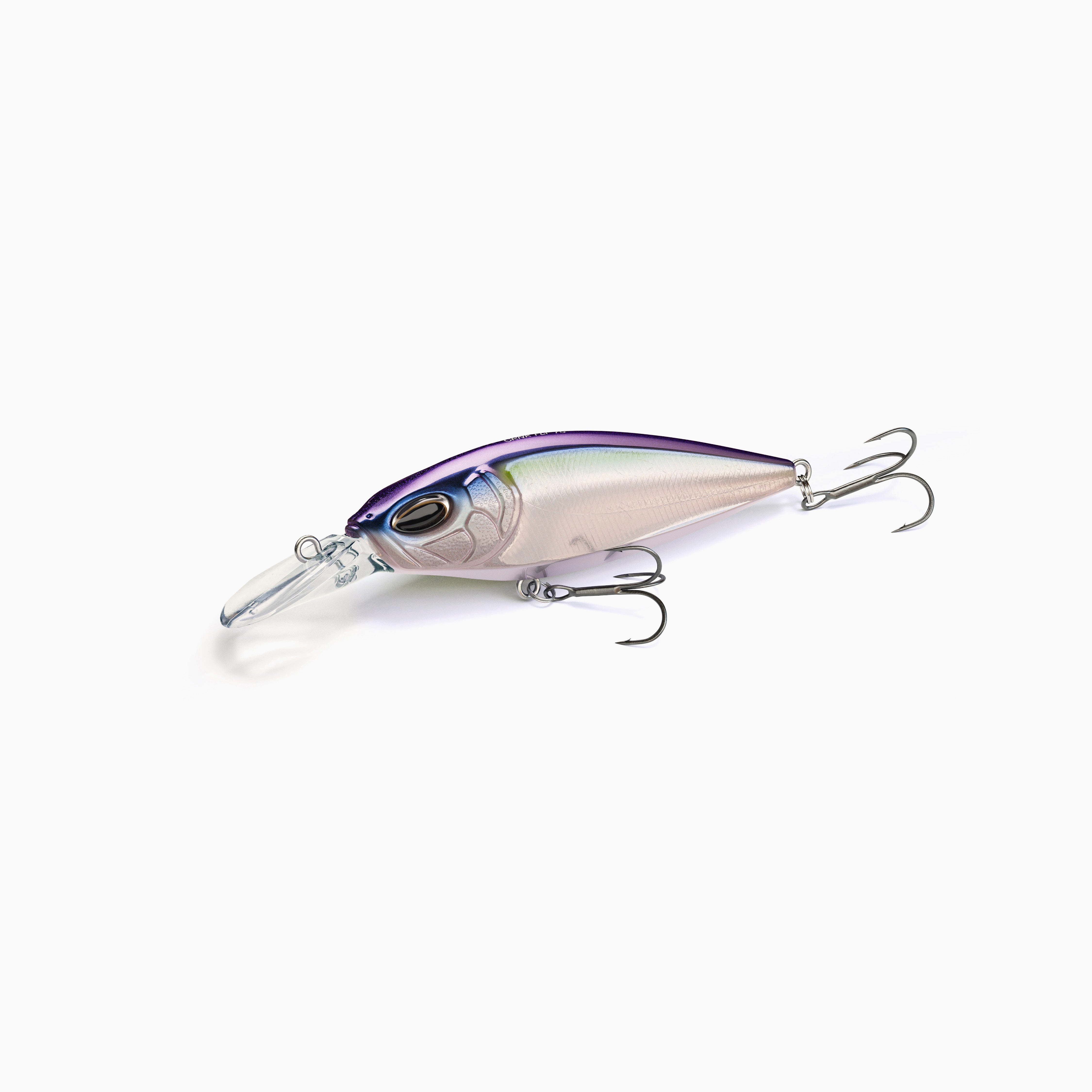 Eleganter Crankbait Kunstköder in Silber mit einem schimmernden lila-blauen Rücken. Hochwertiger Wobbler mit realistischer Optik für erfolgreiches Raubfischangeln auf Barsch, Zander und Hecht.