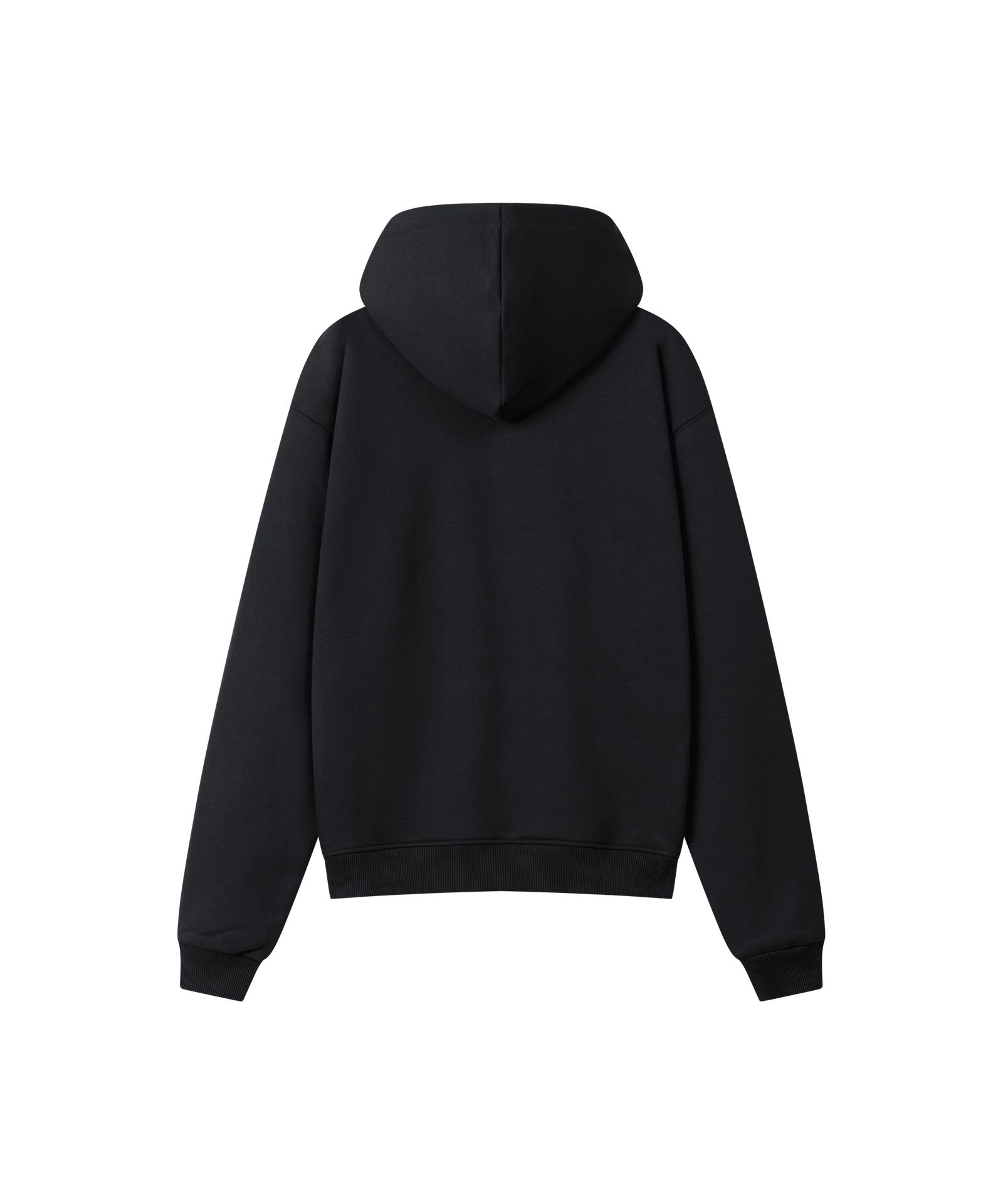 Rückansicht eines Kapuzen-Hoodies in grau für Herren. Das Sweatshirt ist locker geschnitten, es ist kein Aufdruck zu sehen. 
