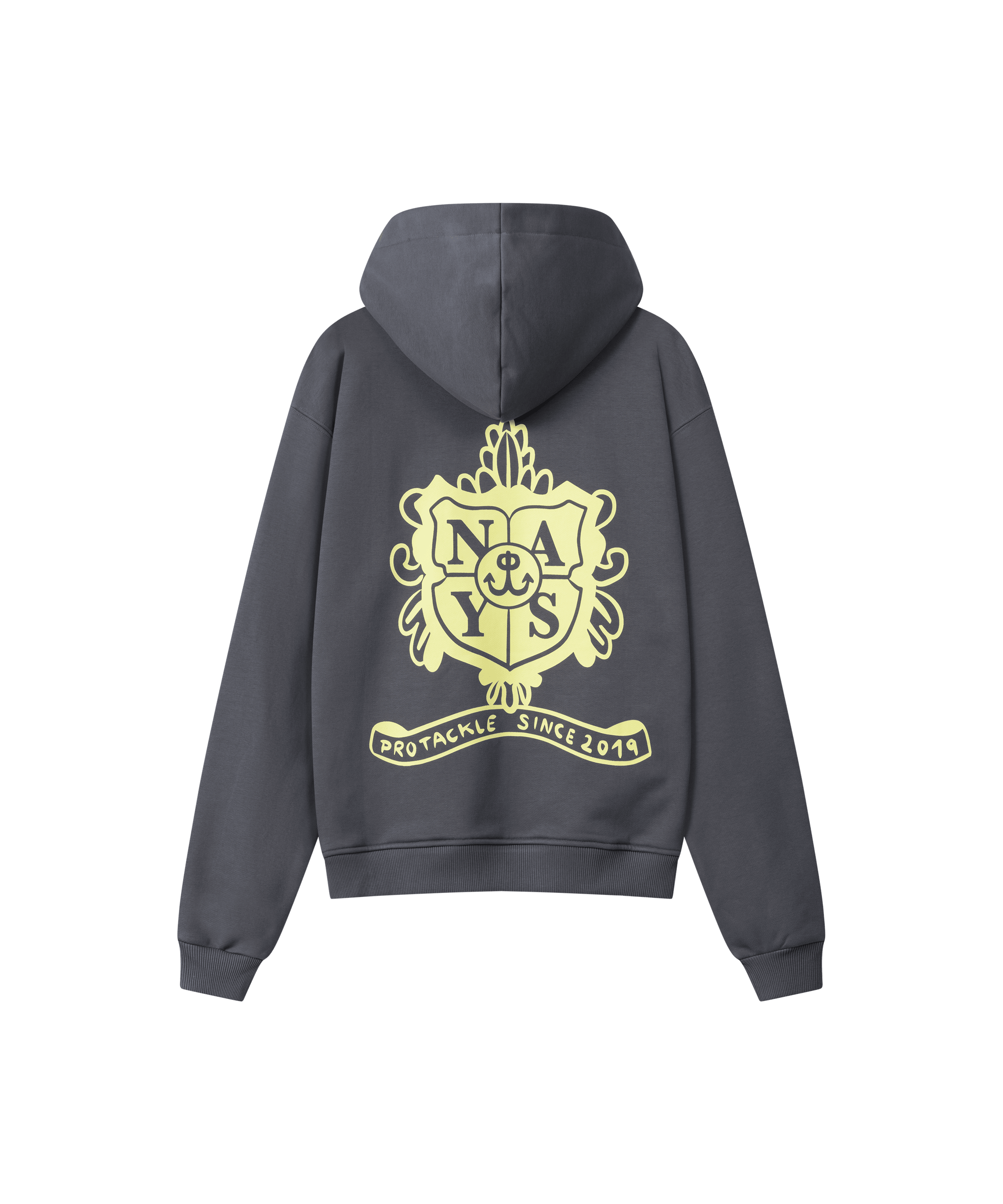 Rückansicht eines Kapuzen-Hoodies in grau für Herren. Das Sweatshirt ist locker geschnitten und hat einen hell-gelben grafischen Print eines Nays-Wappen.