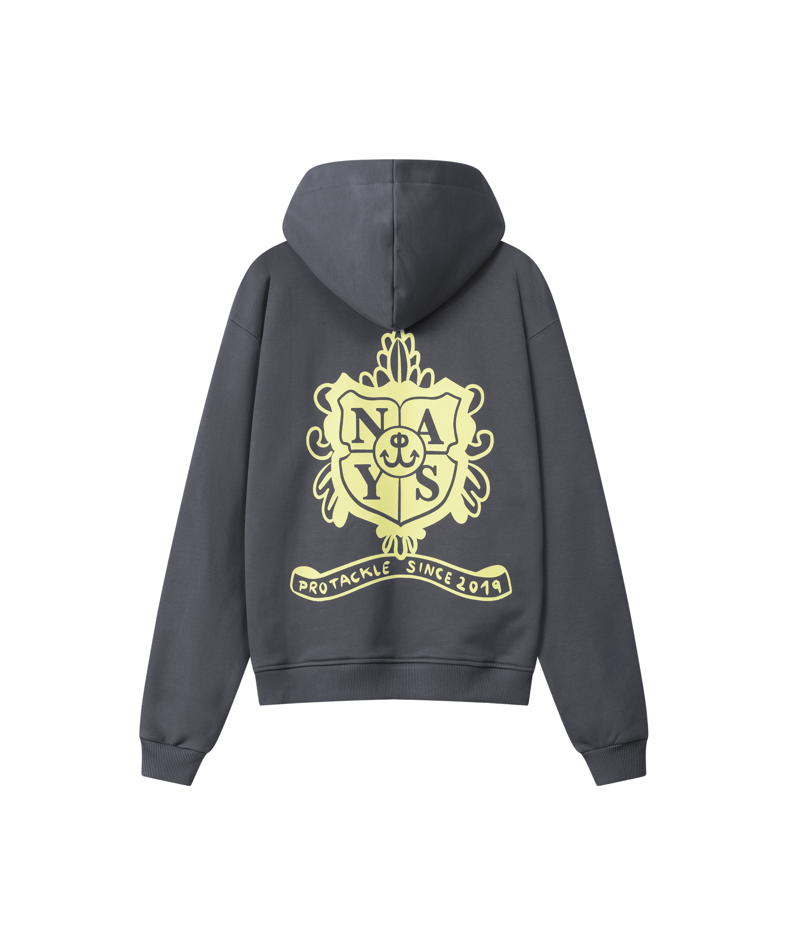 Rückansicht eines Kapuzen-Hoodies in grau für Herren. Das Sweatshirt ist locker geschnitten und hat einen hell-gelben grafischen Print eines Nays-Wappen.