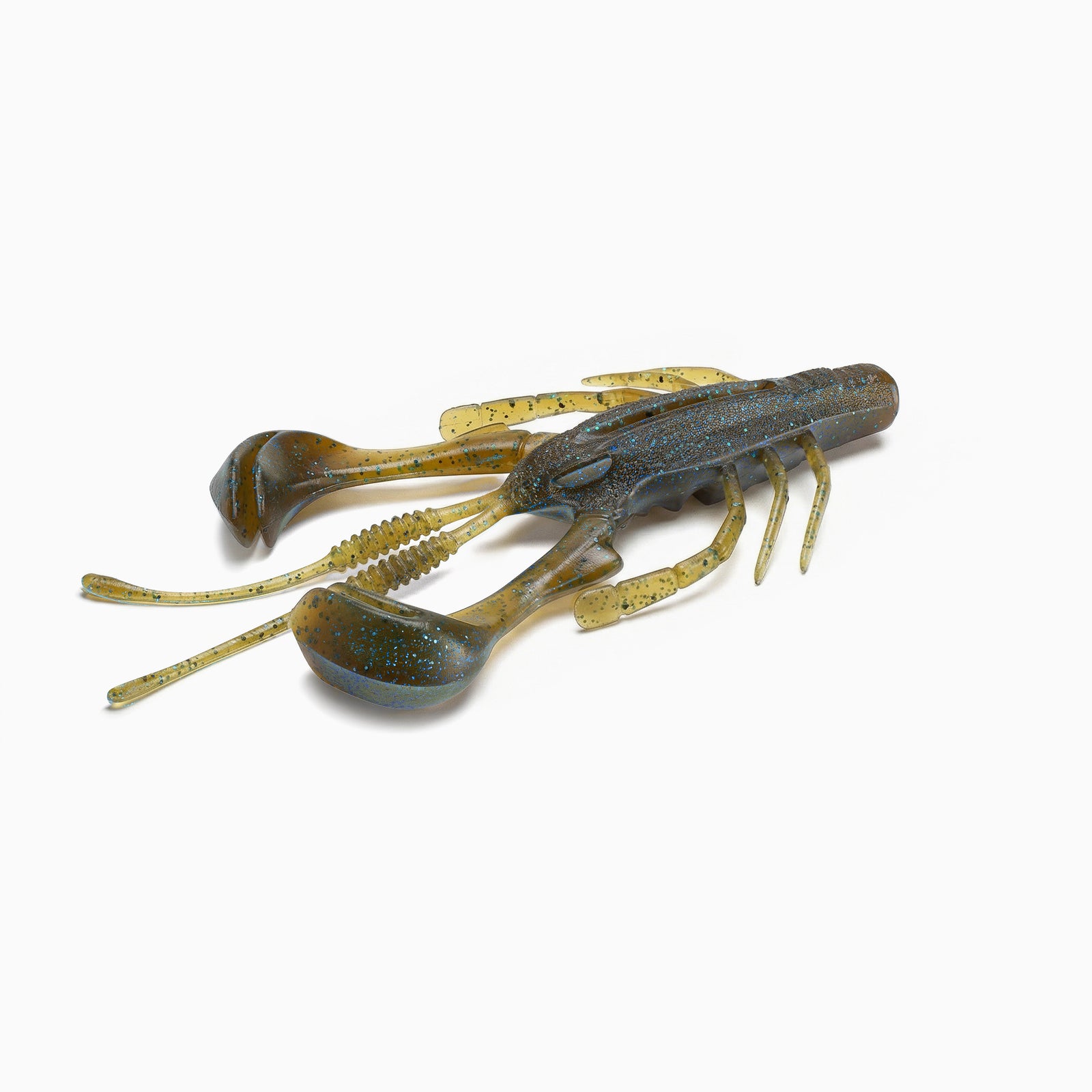 Nays Gummi Krebs Angelköder in braun und oliv mit blauem Glitzer.