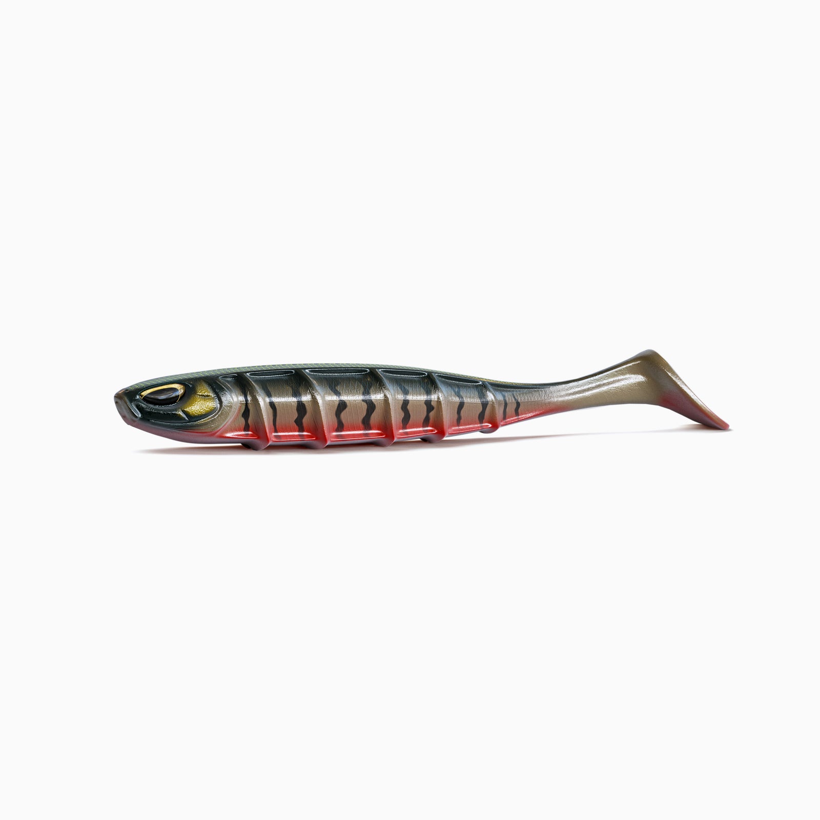 Angelköder in Fischform mit grün-braunem Körper, rotem Bauch und deutlicher Rippenstruktur. Schwarze Akzente in Form von Streifen auf dem gesamten Körper. Realistische Augen mit schwarzen Pupillen und goldenen Akzenten. Am hinteren Ende ein voluminöser Schaufelschwanz. Der Köder liegt waagerecht auf weißem Hintergrund.