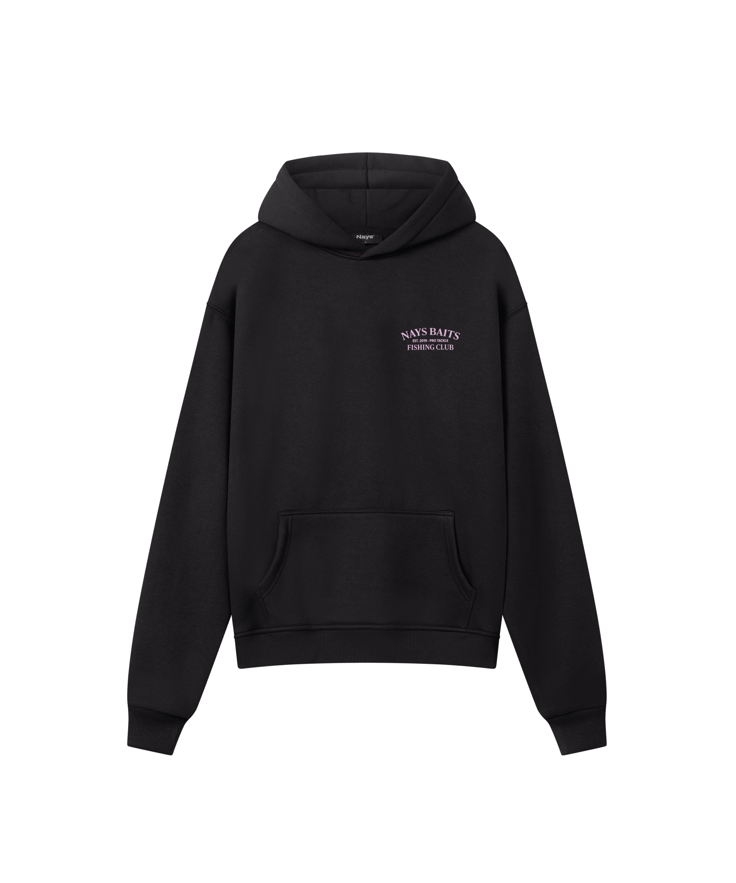 Schwarzer Nays Baits Fishing Club Hoodie mit Kapuze, Kängurutasche und dezentem Brustprint.