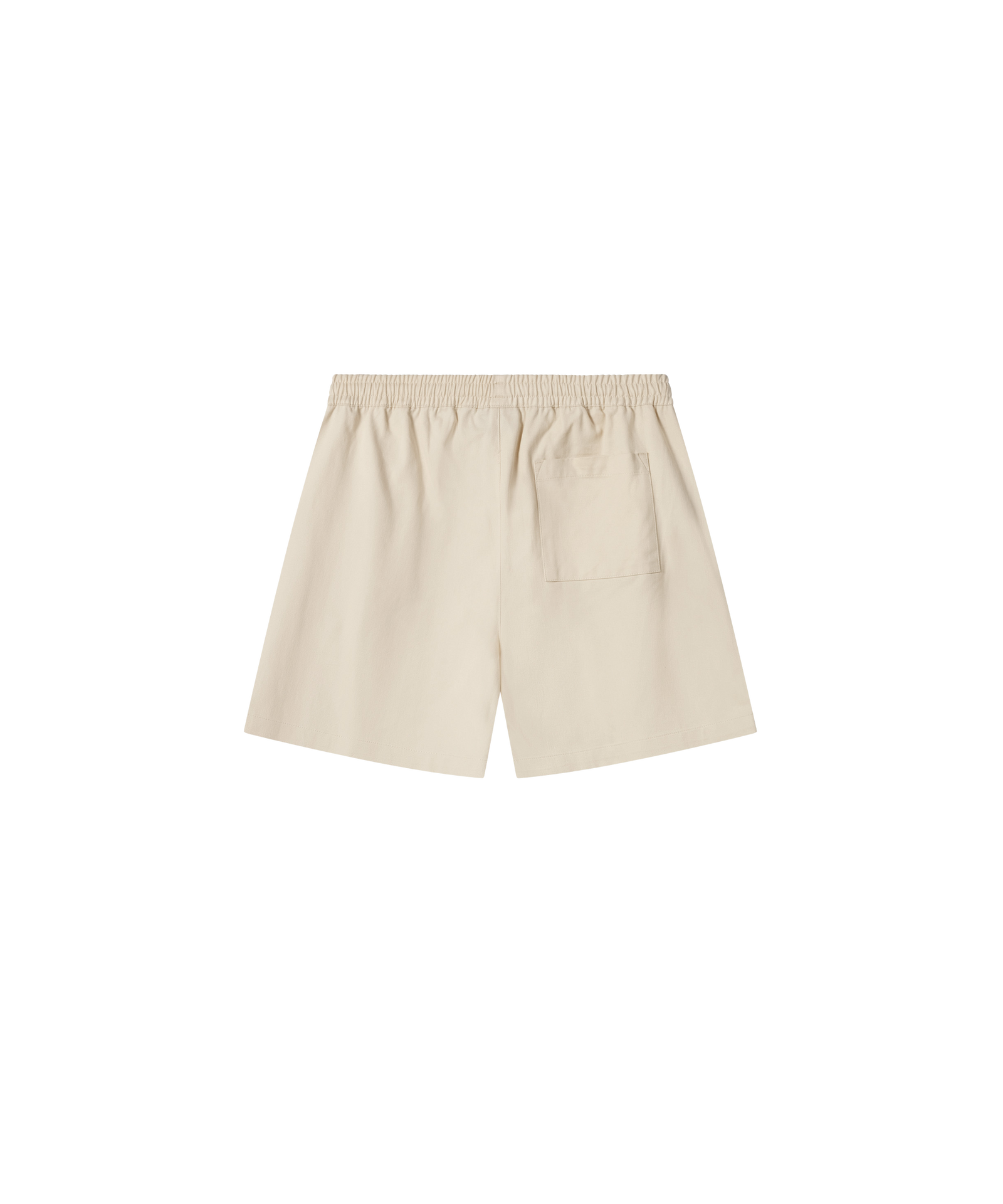 Produktbild einer beige farbigen kurzen Hose von hinten. Zu erkennen ist eine Gesäßtasche auf dem rechten Bein.