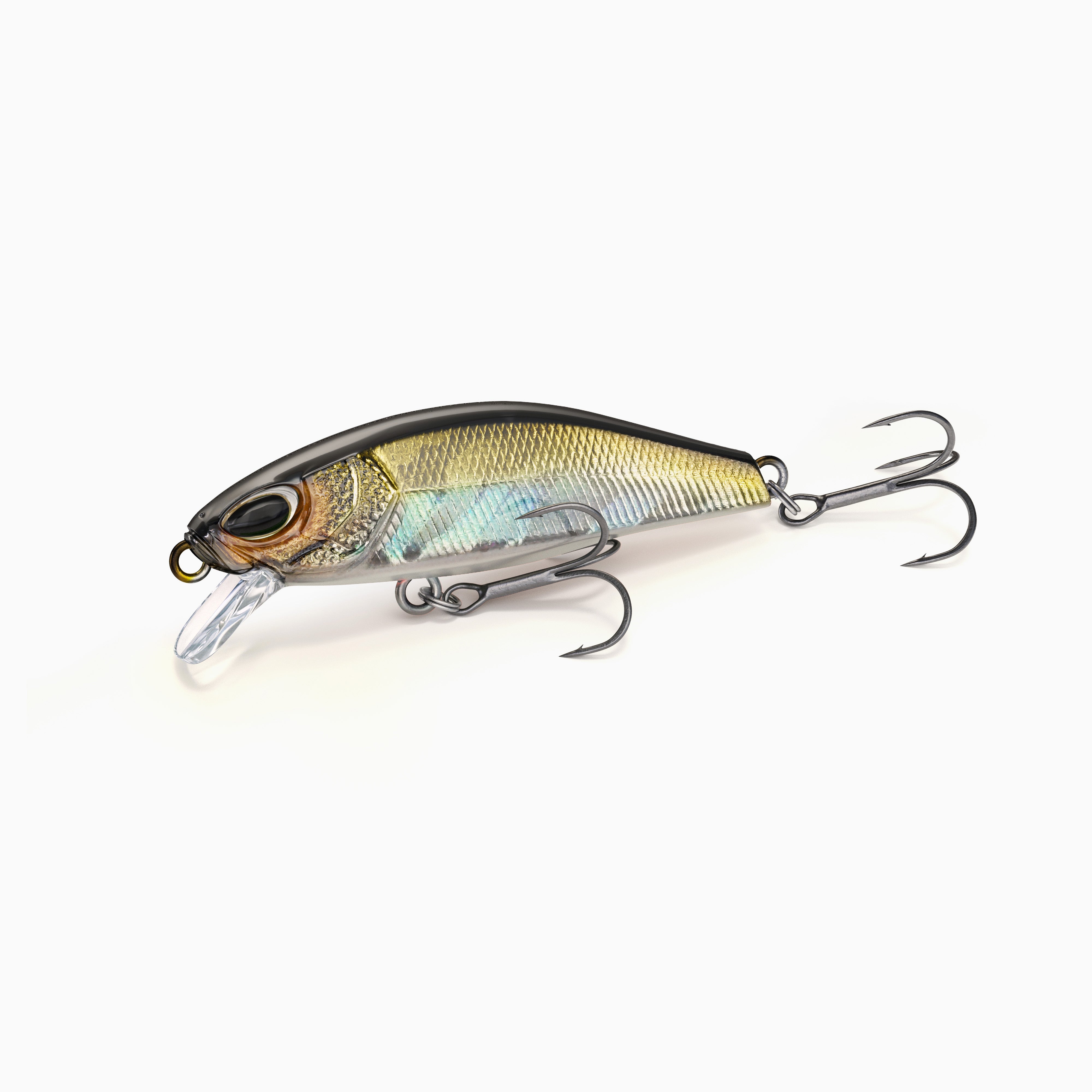 Kupfer-gold farbiger Minnow Wobbler, schwarzer Rücken, realistisches Augen Design, zwei Drillinge und transparente Tauchschaufel, ideal zum Angeln auf Barsch und Zander.