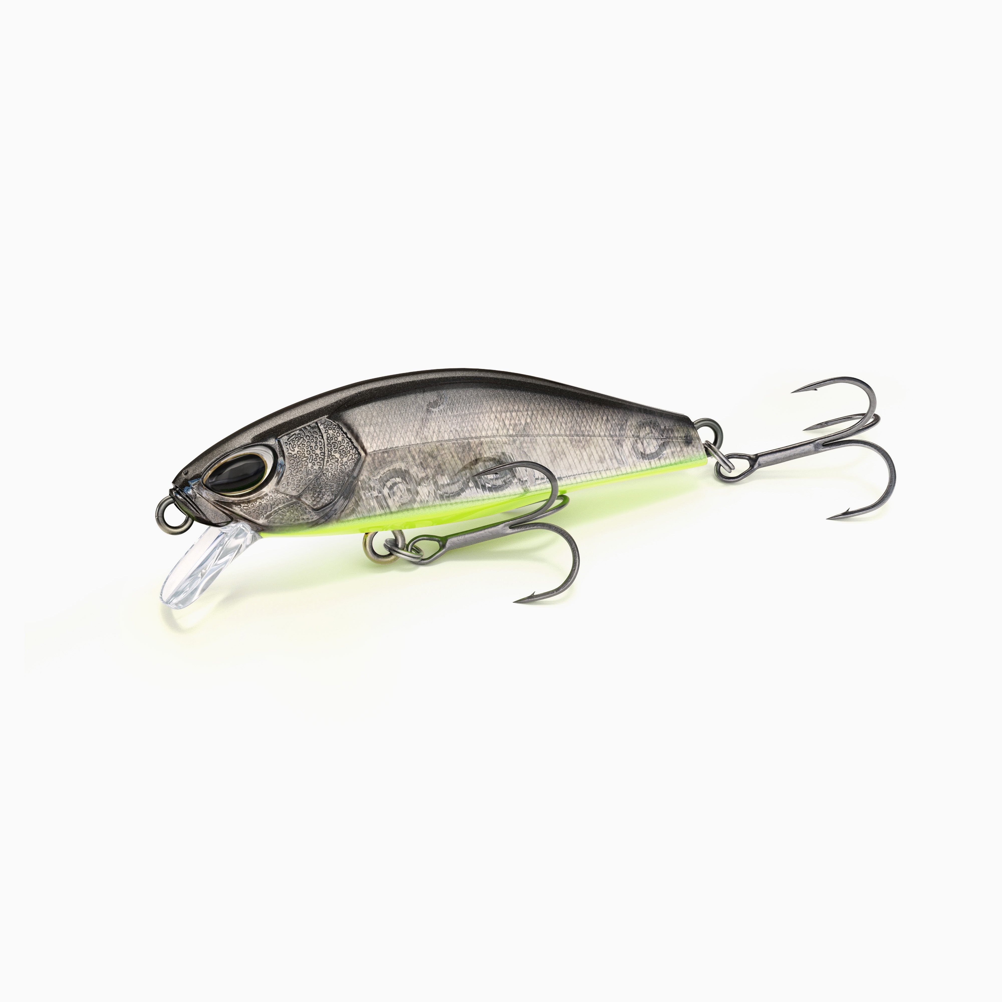Semi-transparanter Minnow Wobbler grau und grell-grüner Bauch mit realistischem Augen Design, zwei Drillingen und transparenter Tauchschaufel, ideal zum Angeln auf Barsch und Zander.