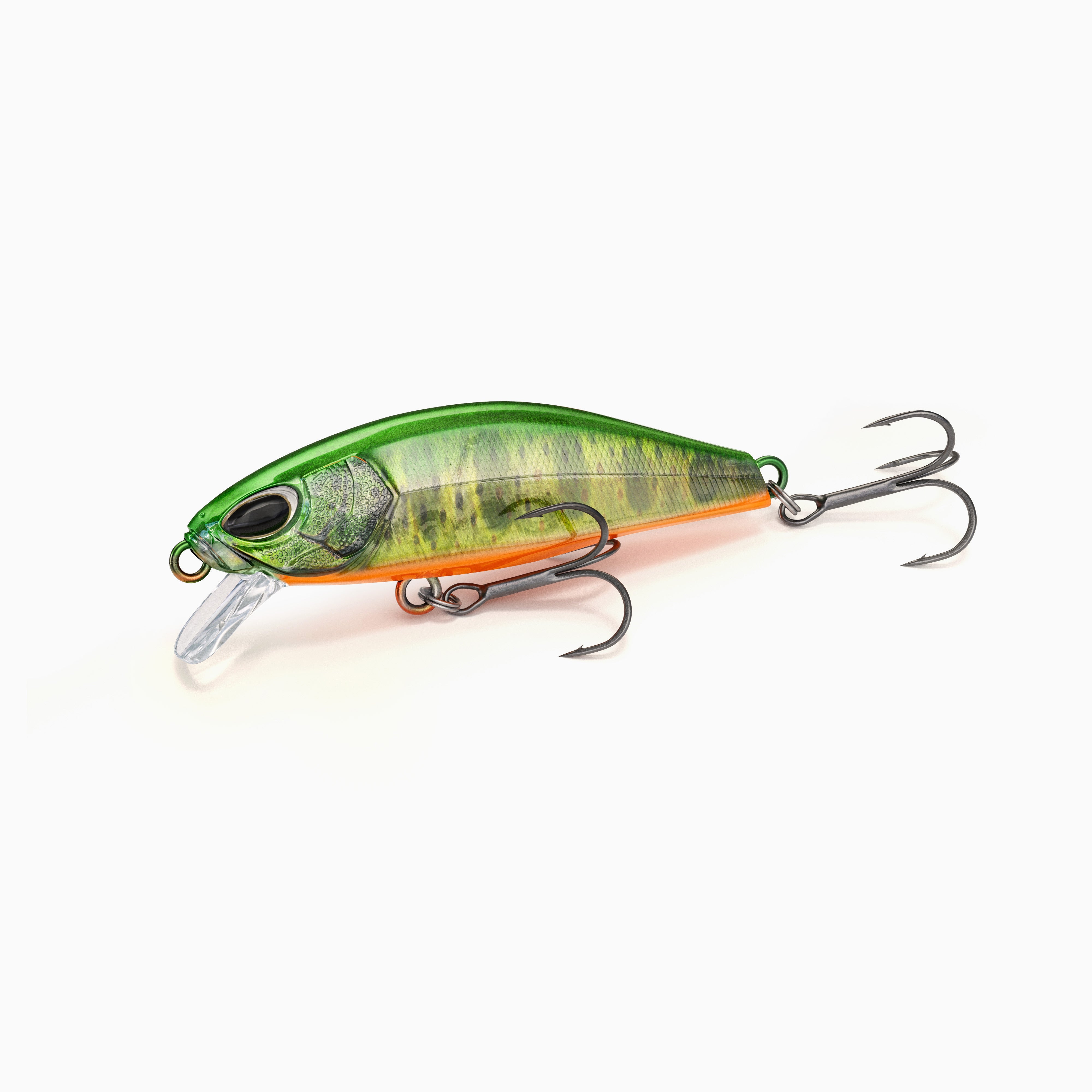 Grün-oranger Minnow Wobbler mit realistischem Augen Design, zwei Drillingen und transparenter Tauchschaufel, ideal zum Angeln auf Barsch und Zander.