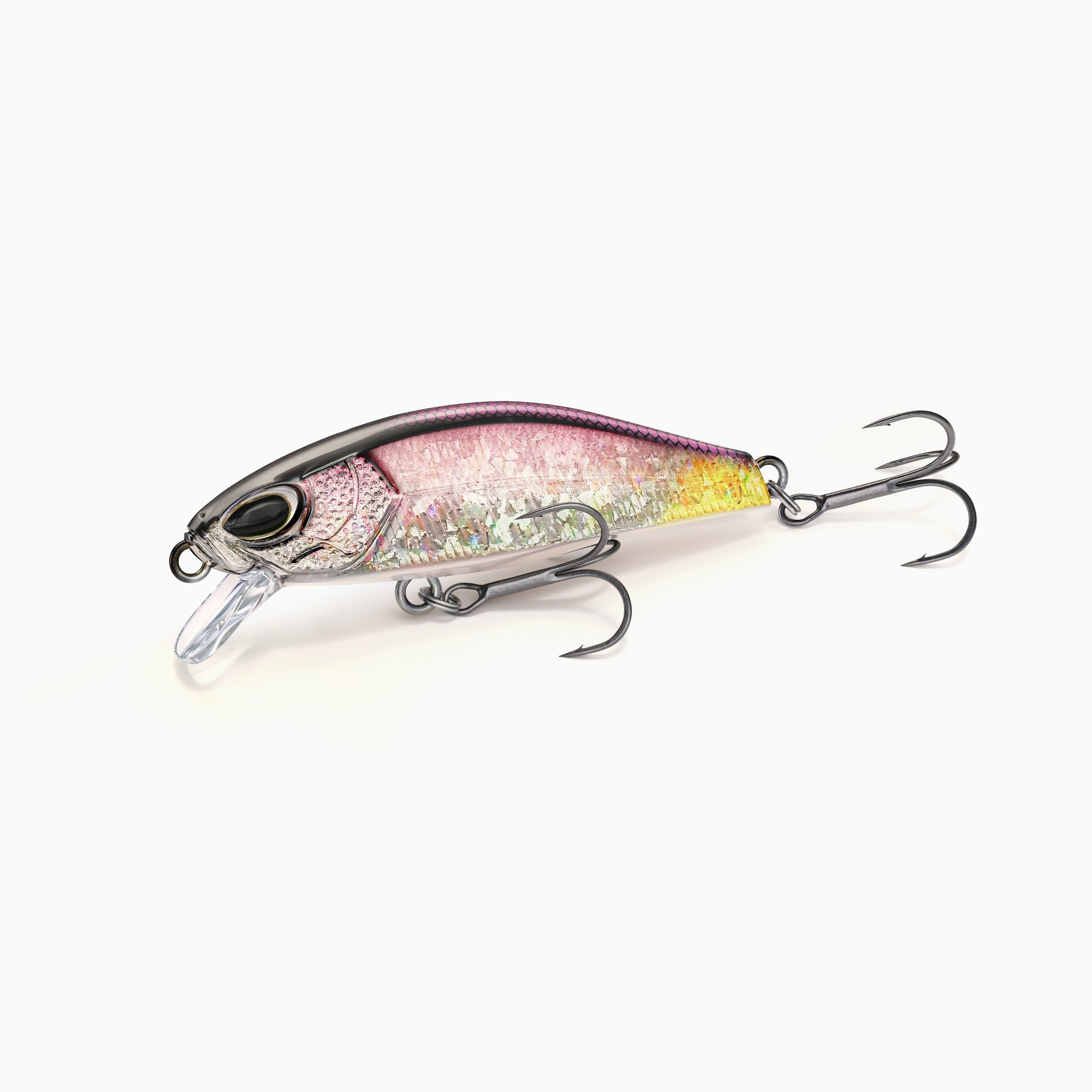 Violett, Silber farbiger Minnow Wobbler, realistisches Augen Design, zwei Drillinge und transparente Tauchschaufel, ideal zum Angeln auf Barsch und Zander.