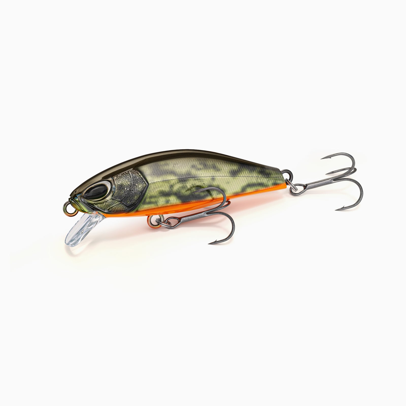 Oliv-Grüne und oranger Minnow Wobbler mit realistischem Augen Design, zwei Drillingen und transparenter Tauchschaufel, ideal zum Angeln auf Barsch und Zander.