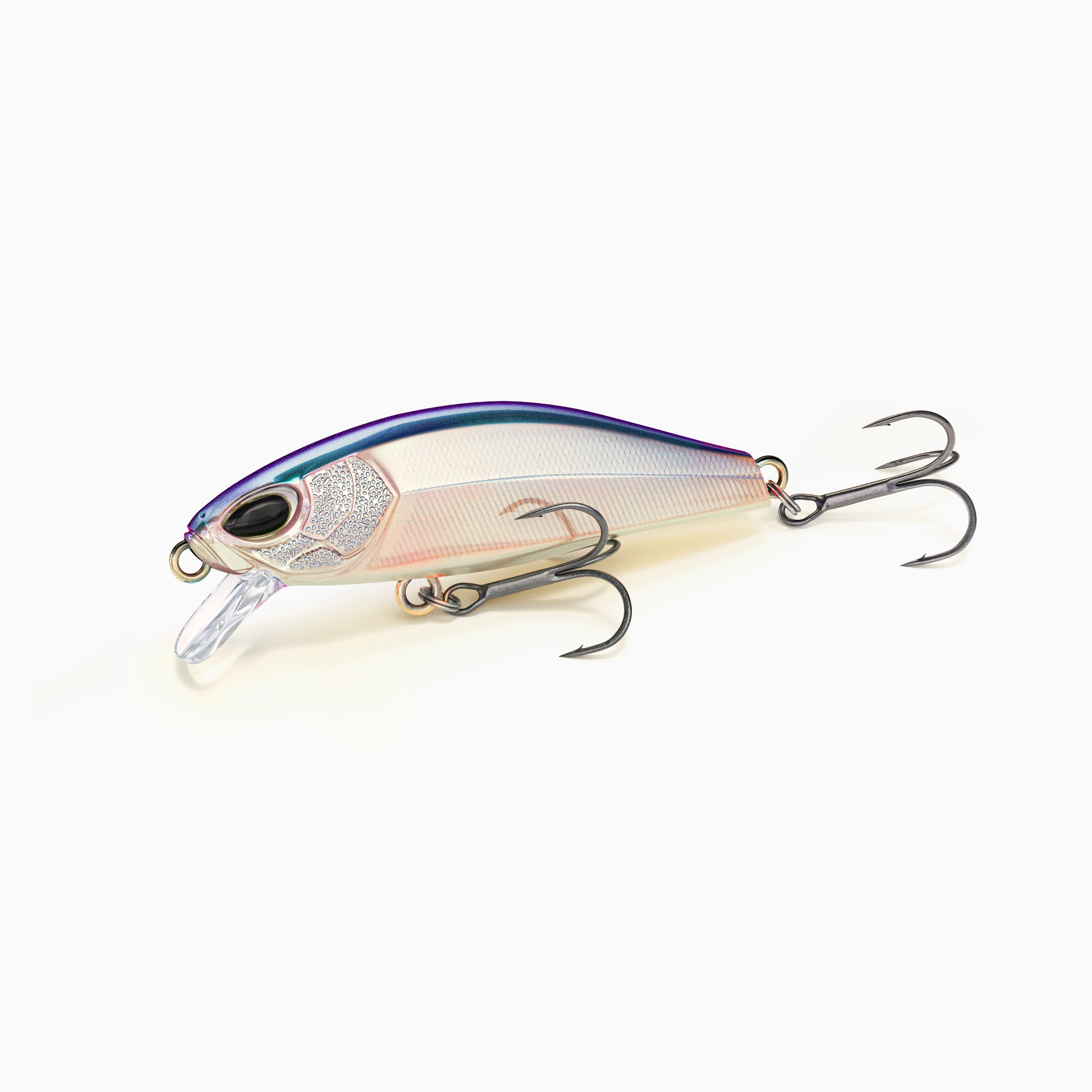 Perlmutt farbiger Minnow Wobbler, blau-violetter Rücken, realistisches Augen Design, zwei Drillinge und transparente Tauchschaufel, ideal zum Angeln auf Barsch und Zander.