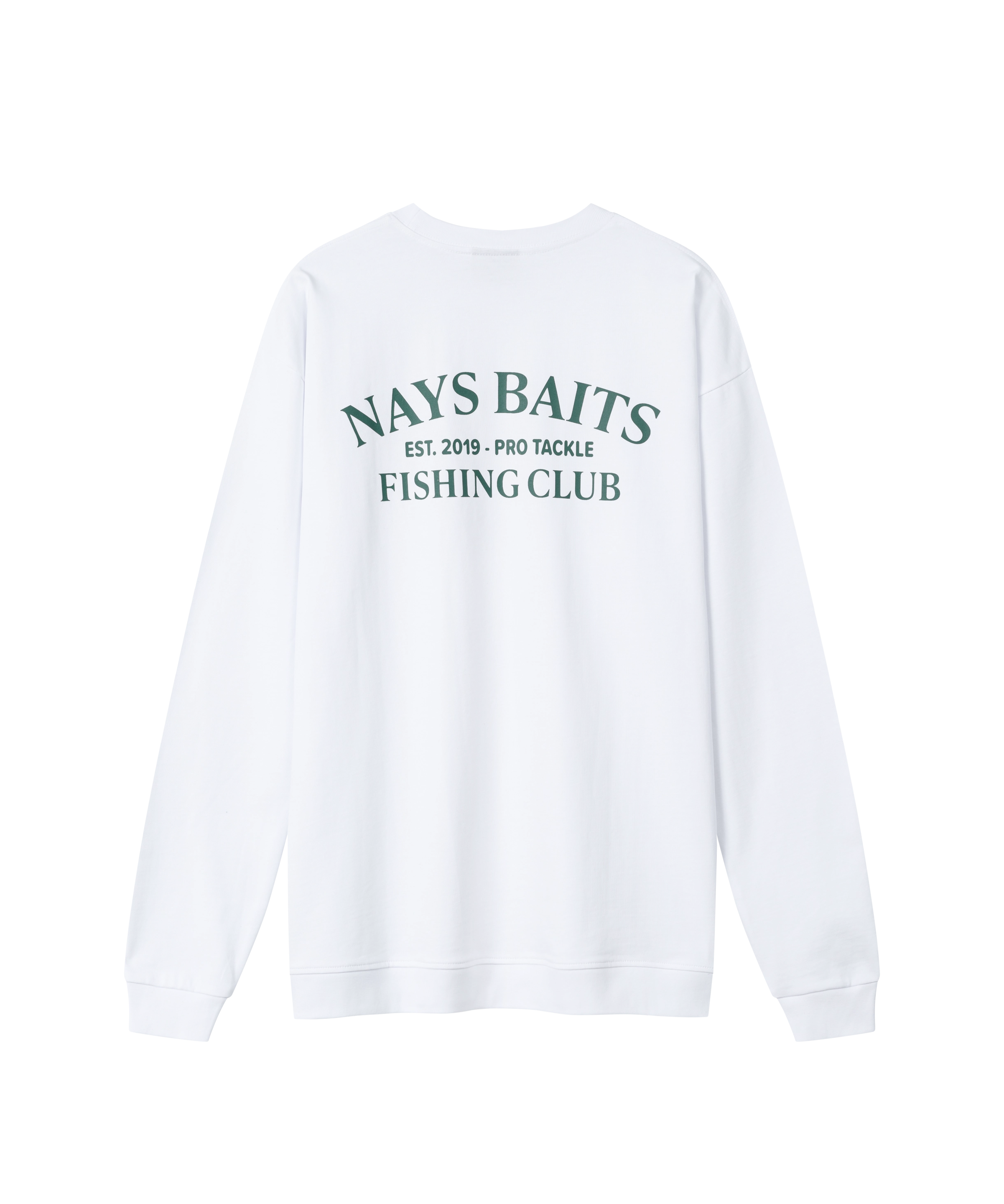 Nays Baits Fishing Club Langarmshirt Weiß Rückenansicht dunkelgrüner Print.