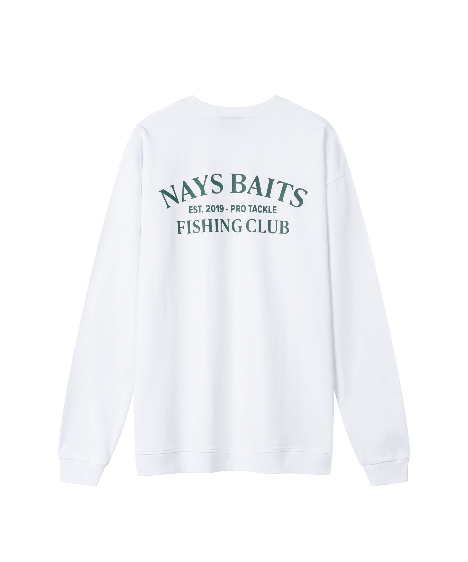 Nays Baits Fishing Club Langarmshirt Weiß Rückenansicht dunkelgrüner Print.