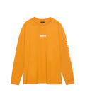 Orange farbiges Langarm-Shirt mit weißem Logo auf der Brust und dem linken Ärmel.
