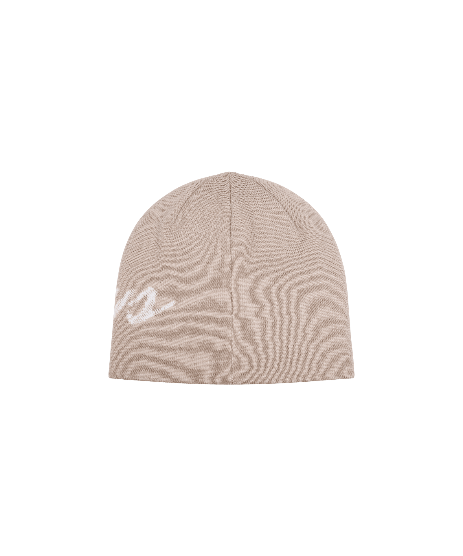 Beige-farbige Strickmütze mit weißem Nays-Logo auf freigestelltem Hintergrund.