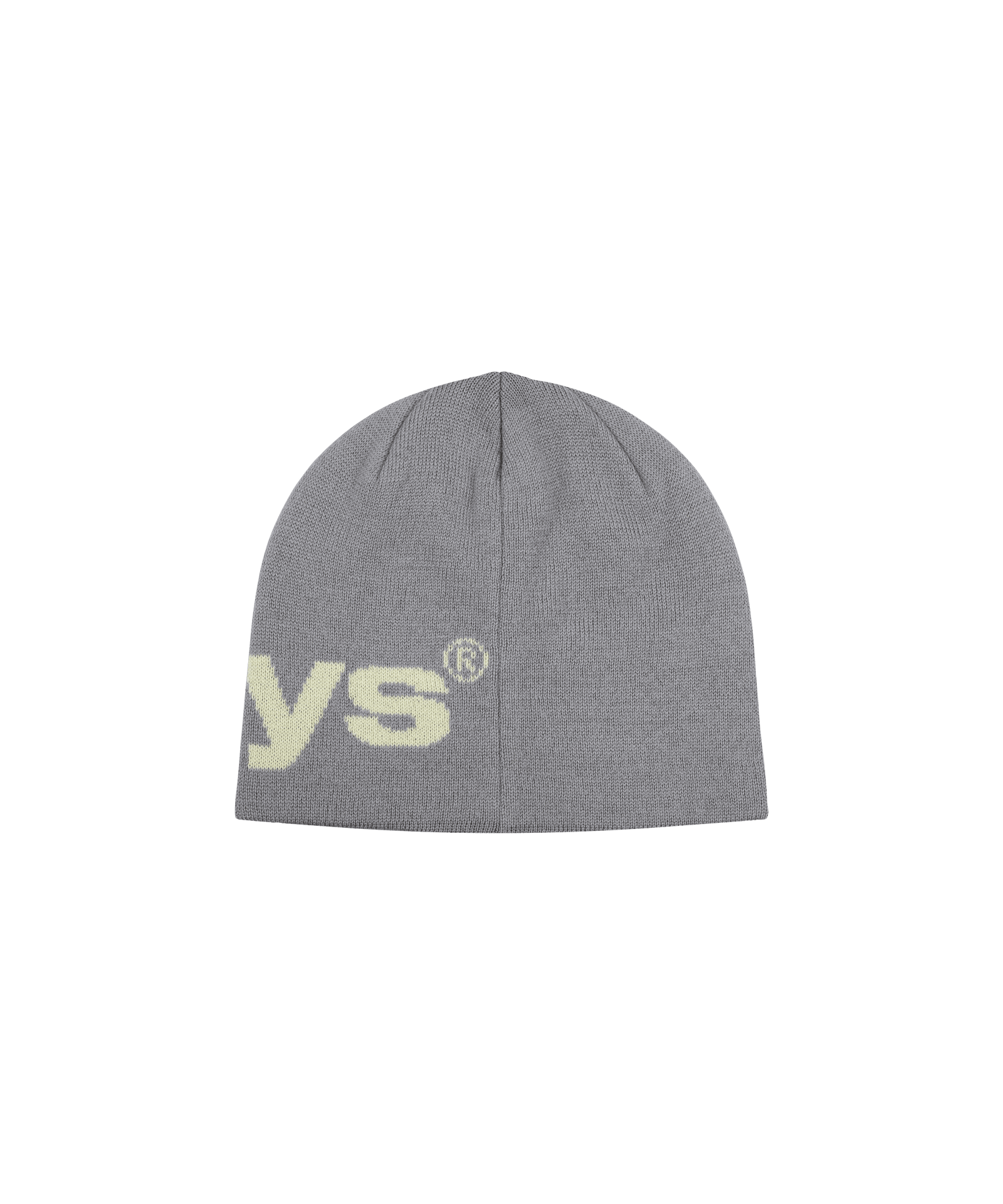 Graue Strickmütze mit beige-farbigem Nays-Logo auf freigestelltem Hintergrund.