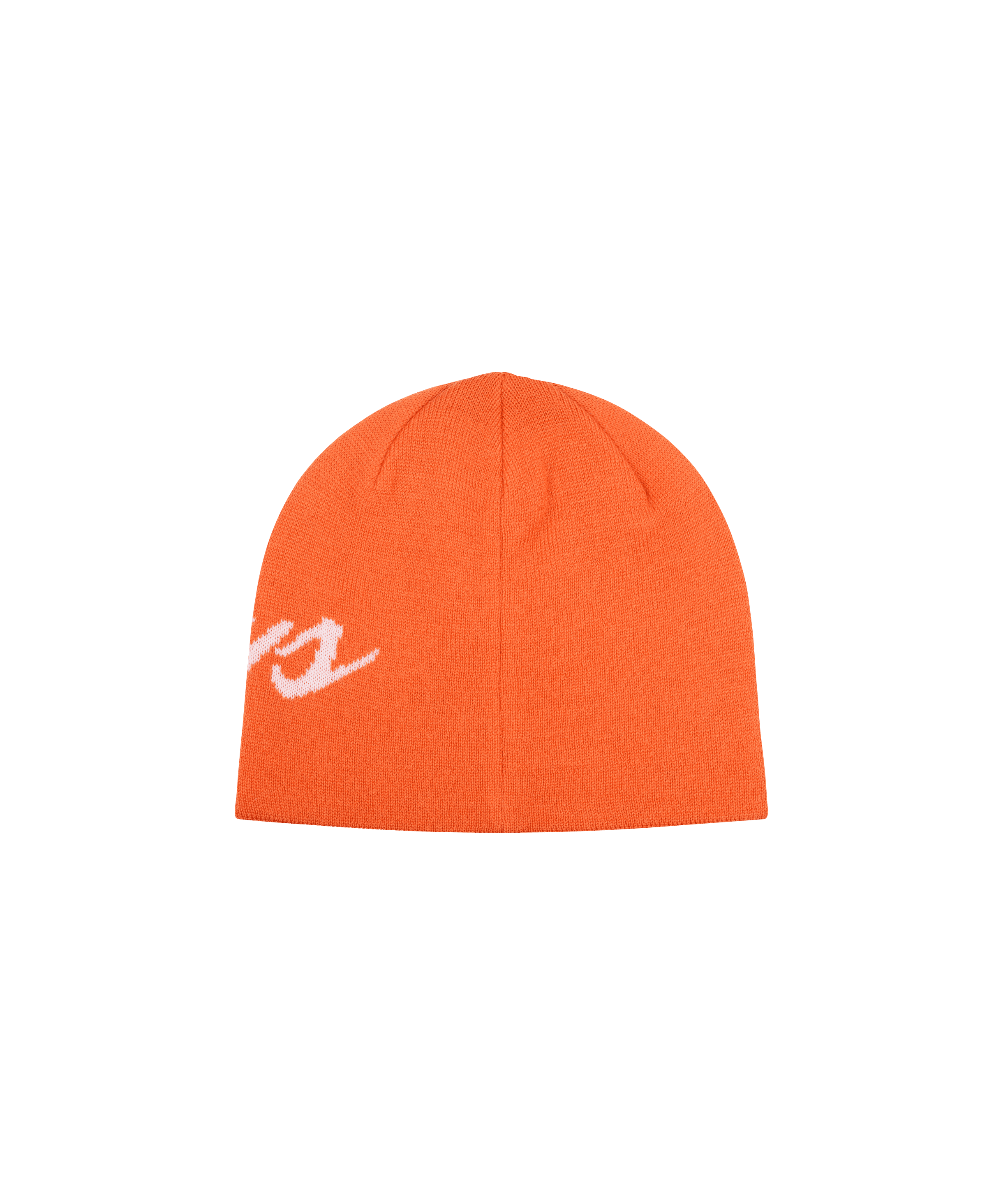 Orange-farbige Strickmütze mit weißem Nays-Logo auf freigestelltem Hintergrund.