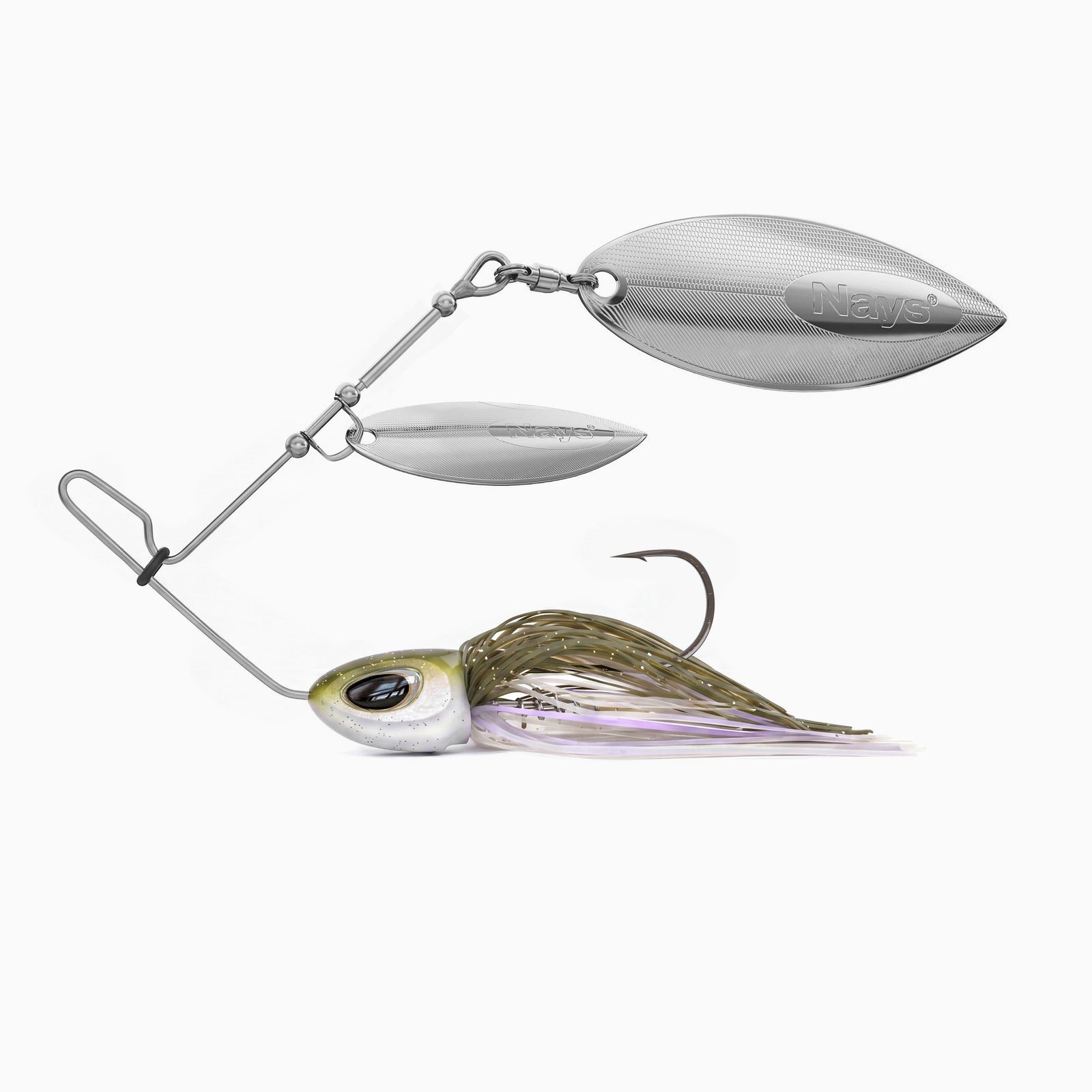 Nays Spinnerbait Angelköder Größe XL in Weiß-Grün-Flieder (Farbcode H10) mit zweifachem, silbernem Spinnerblatt.