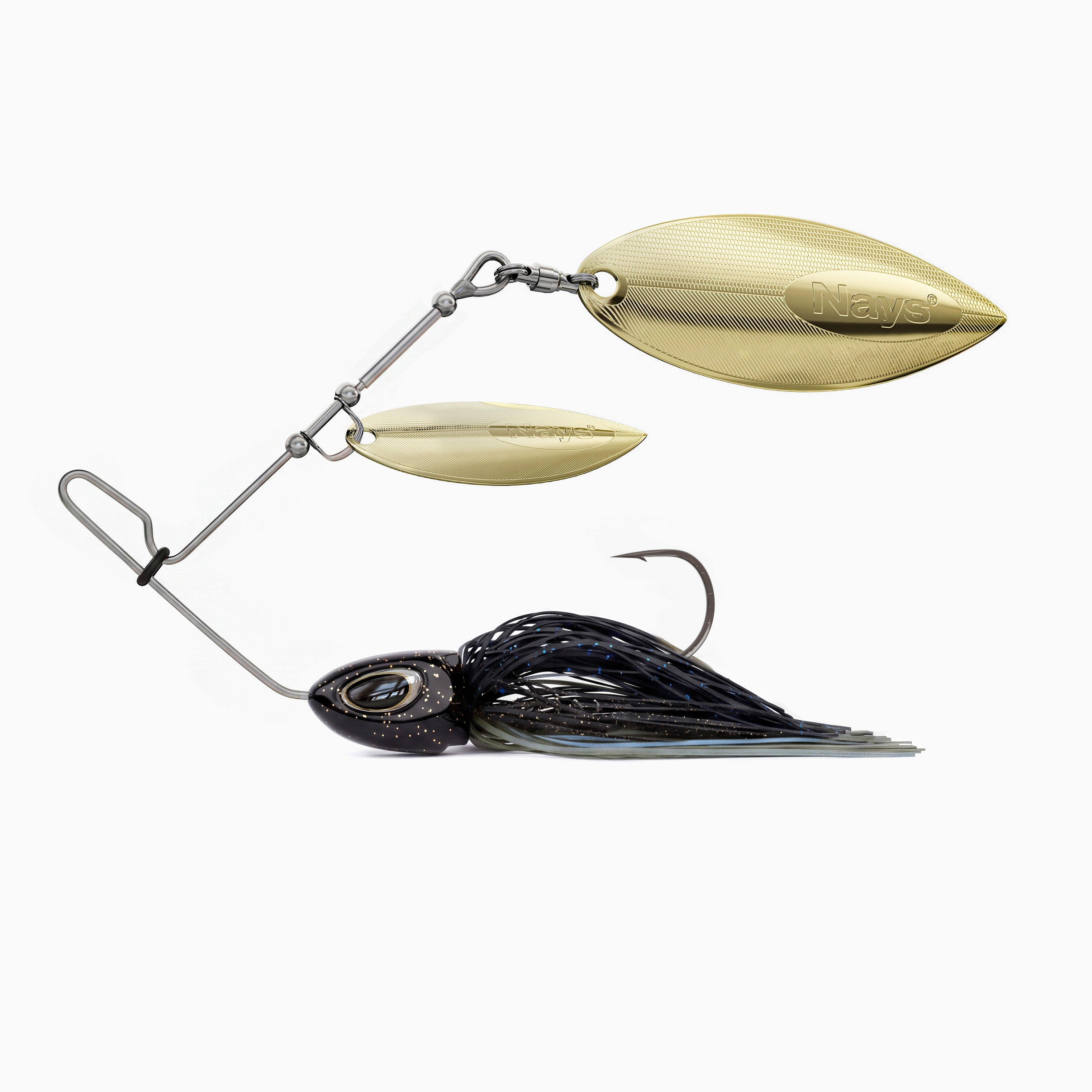 Nays Spinnerbait Angelköder Größe XL in Blau-Grau-Schwarz (Farbcode H11) mit doppeltem, goldenem Spinnerblatt.